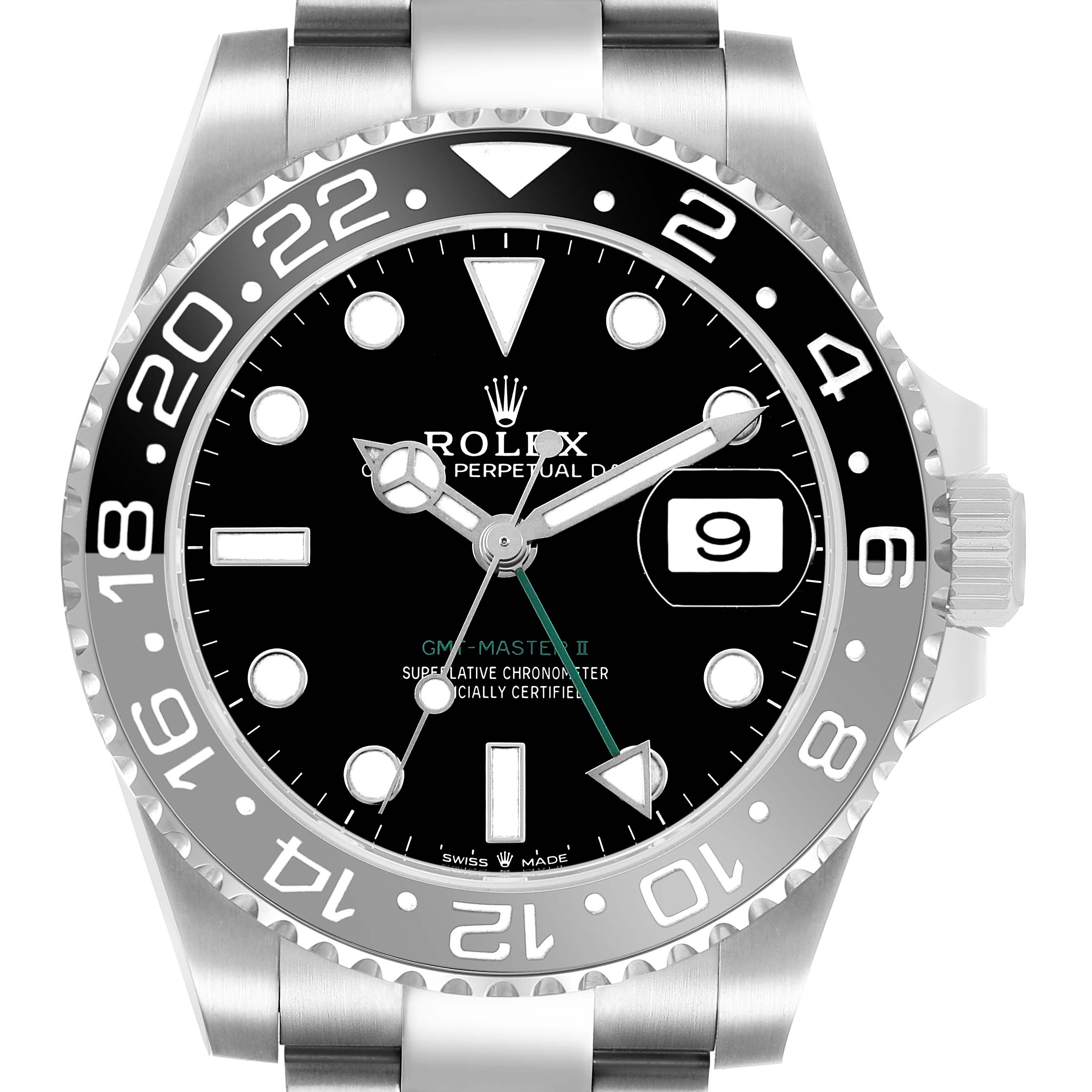 The Rolex GMT-Master 126710 Men's Stainless Steel Black Dial watch is shown from a front angle, highlighting the bezel, dial, and bracelet.
