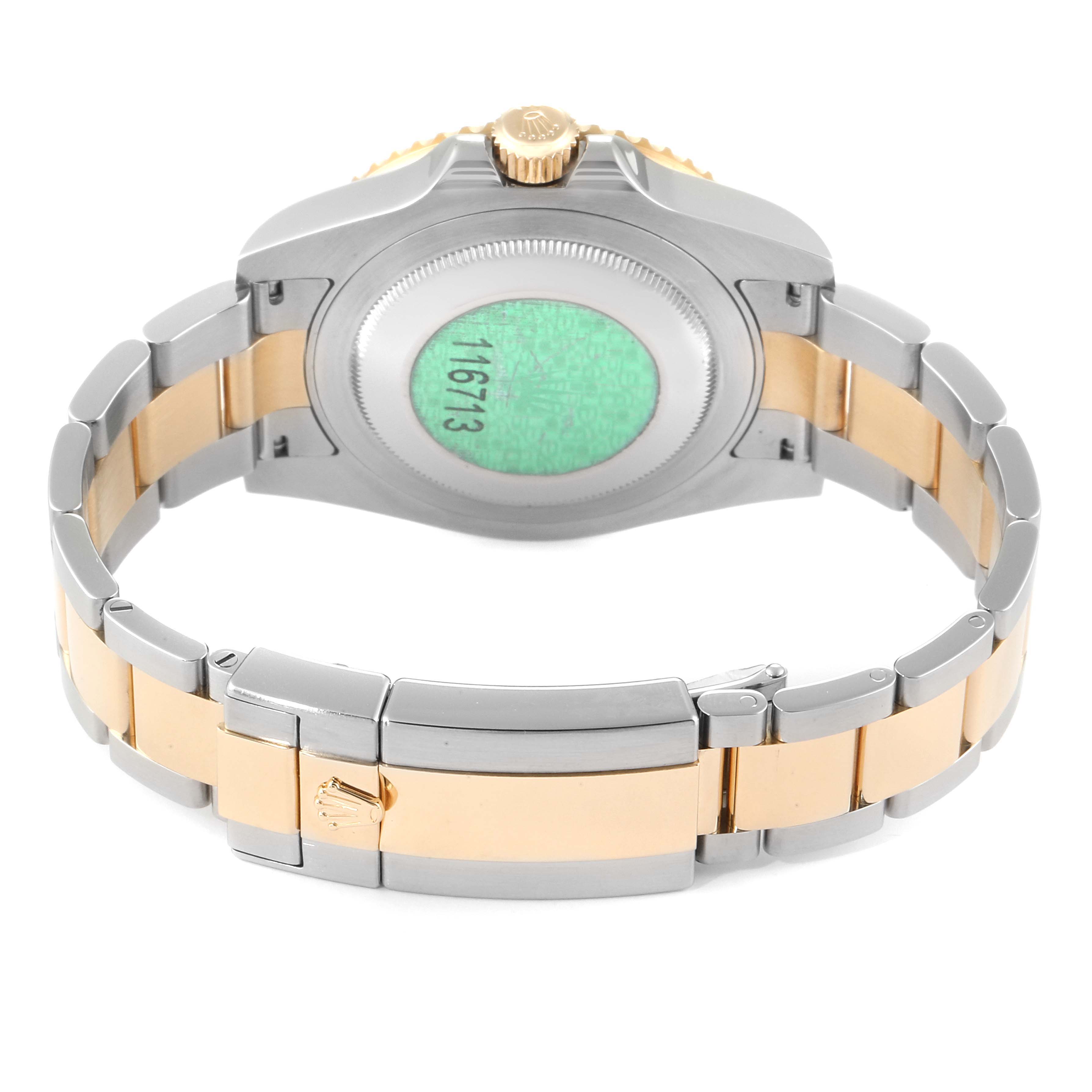 The image shows the back view of the Rolex GMT-Master 116713 Men's Steel and Gold (two tone) Black Dial 116713 Men's Steel and Gold (two tone) Black Dial watch, highlighting the bracelet and clasp.