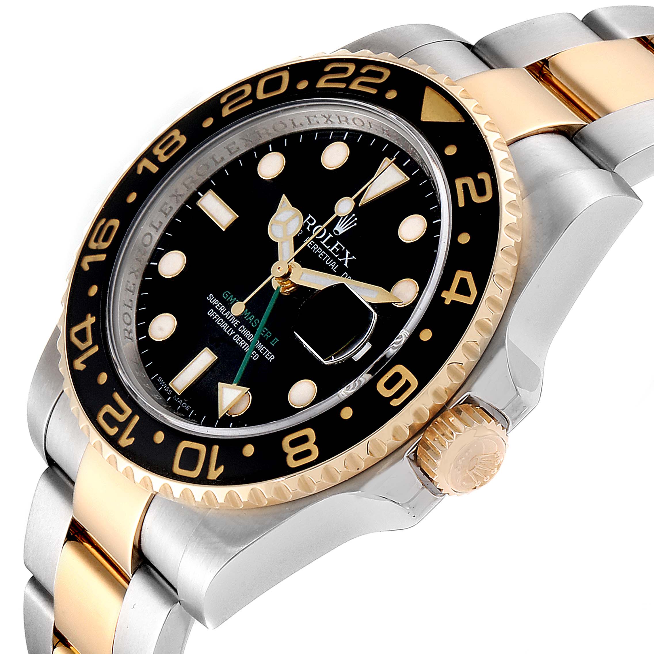 This image shows a side angle of the Rolex GMT-Master 116713 Men's Steel and Gold (two tone) Black Dial 116713 Men's Steel and Gold (two tone) Black Dial watch highlighting its face, bezel, crown, and bracelet.