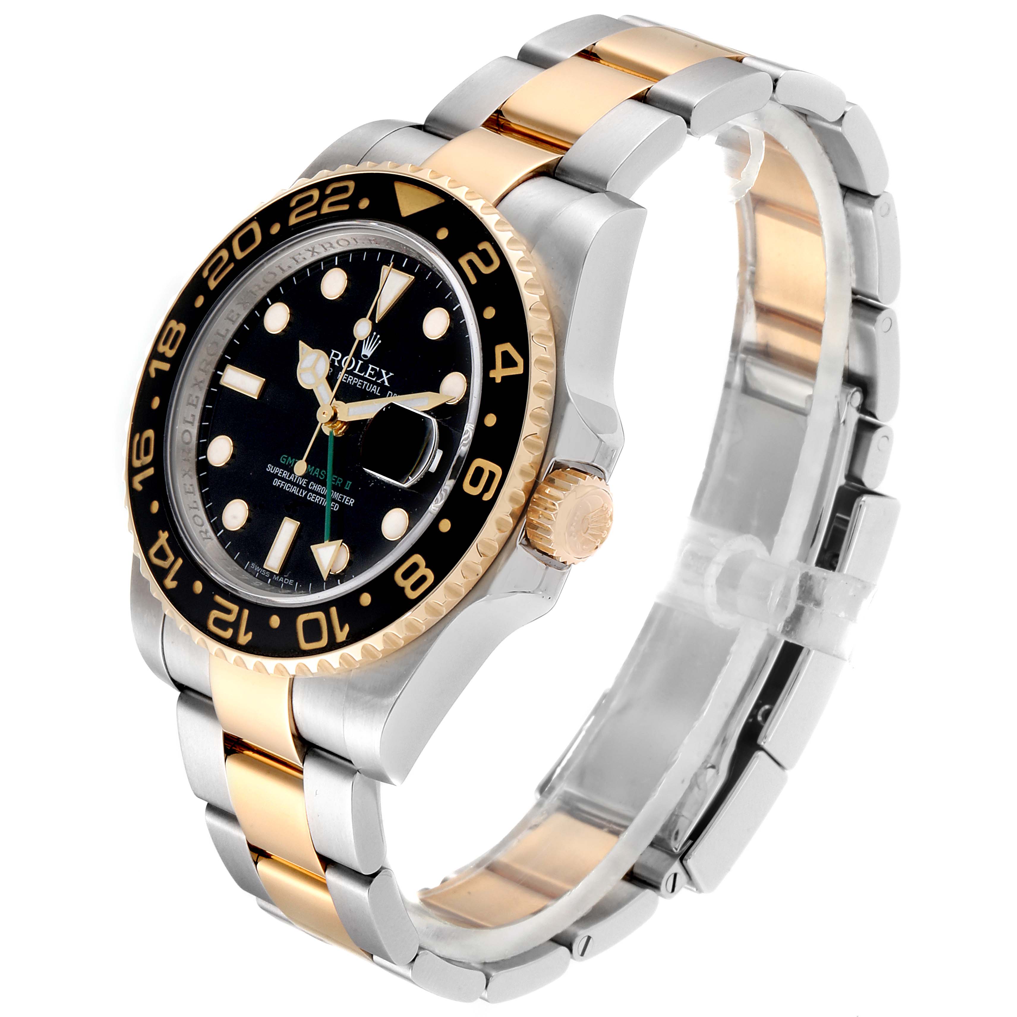 This image shows a Rolex GMT-Master 116713 Men's Steel and Gold (two tone) Black Dial 116713 Men's Steel and Gold (two tone) Black Dial watch at a three-quarter angle, highlighting the dial, bezel, crown, and bi-color bracelet.