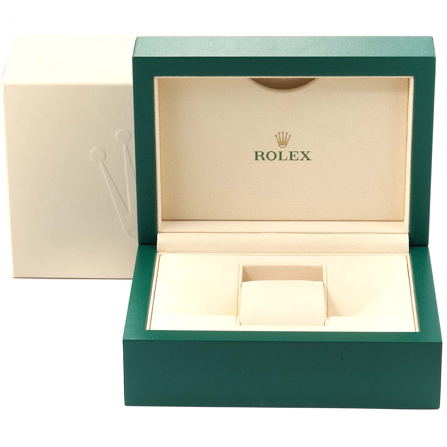 The image shows an open, empty Rolex GMT-Master 116713 Men's Steel and Gold (two tone) Black Dial 116713 Men's Steel and Gold (two tone) Black Dial watch box with a beige and green color scheme.