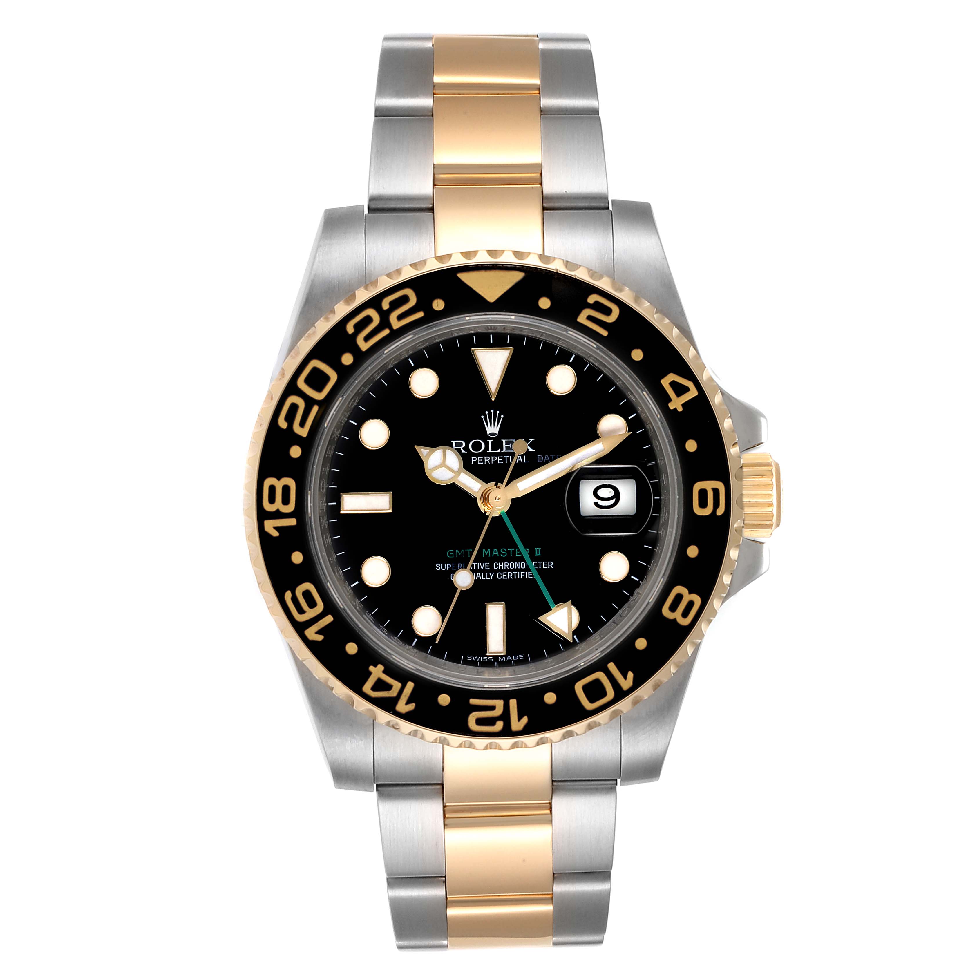 The Rolex GMT-Master 116713 Men's Steel and Gold (two tone) Black Dial 116713 Men's Steel and Gold (two tone) Black Dial watch is shown from a front angle, displaying the face, bezel, and two-tone bracelet.