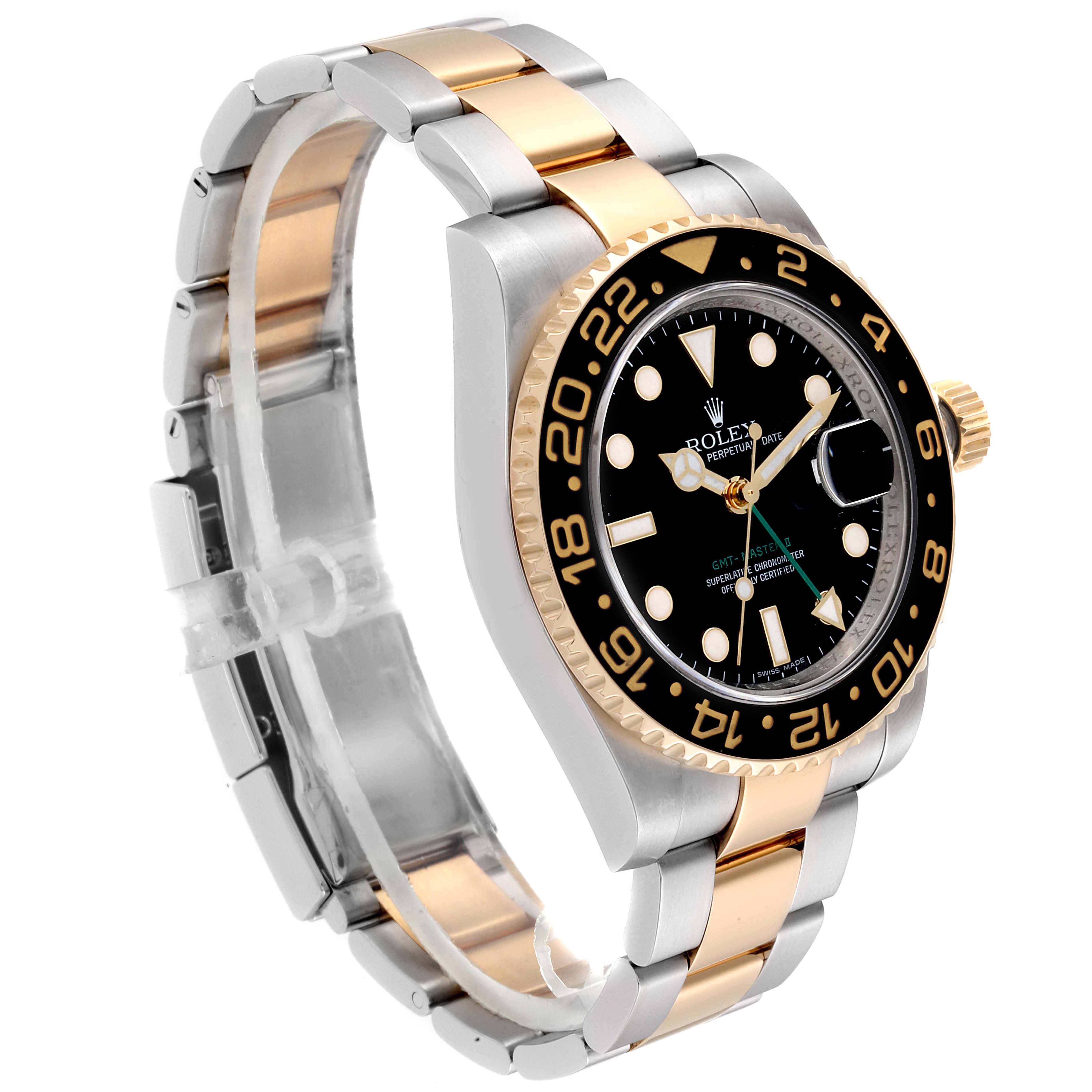 The Rolex GMT-Master 116713 Men's Steel and Gold (two tone) Black Dial 116713 Men's Steel and Gold (two tone) Black Dial watch is shown at a front-side angle, displaying its two-tone bracelet, black dial, and bezel with gold accents.
