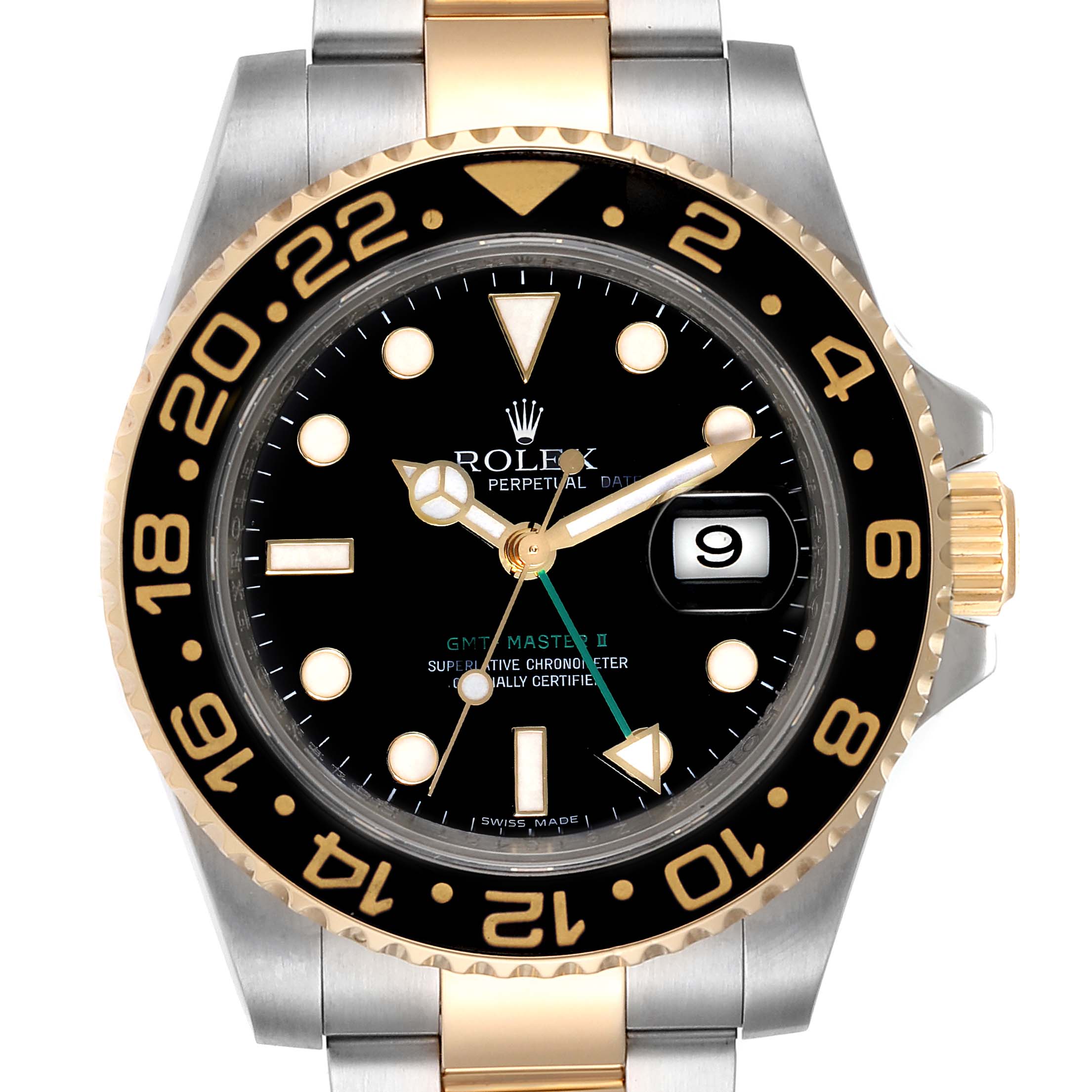 The image shows a front view of the Rolex GMT-Master 116713 Men's Steel and Gold (two tone) Black Dial 116713 Men's Steel and Gold (two tone) Black Dial II, highlighting the watch face, bezel, and part of the bracelet.