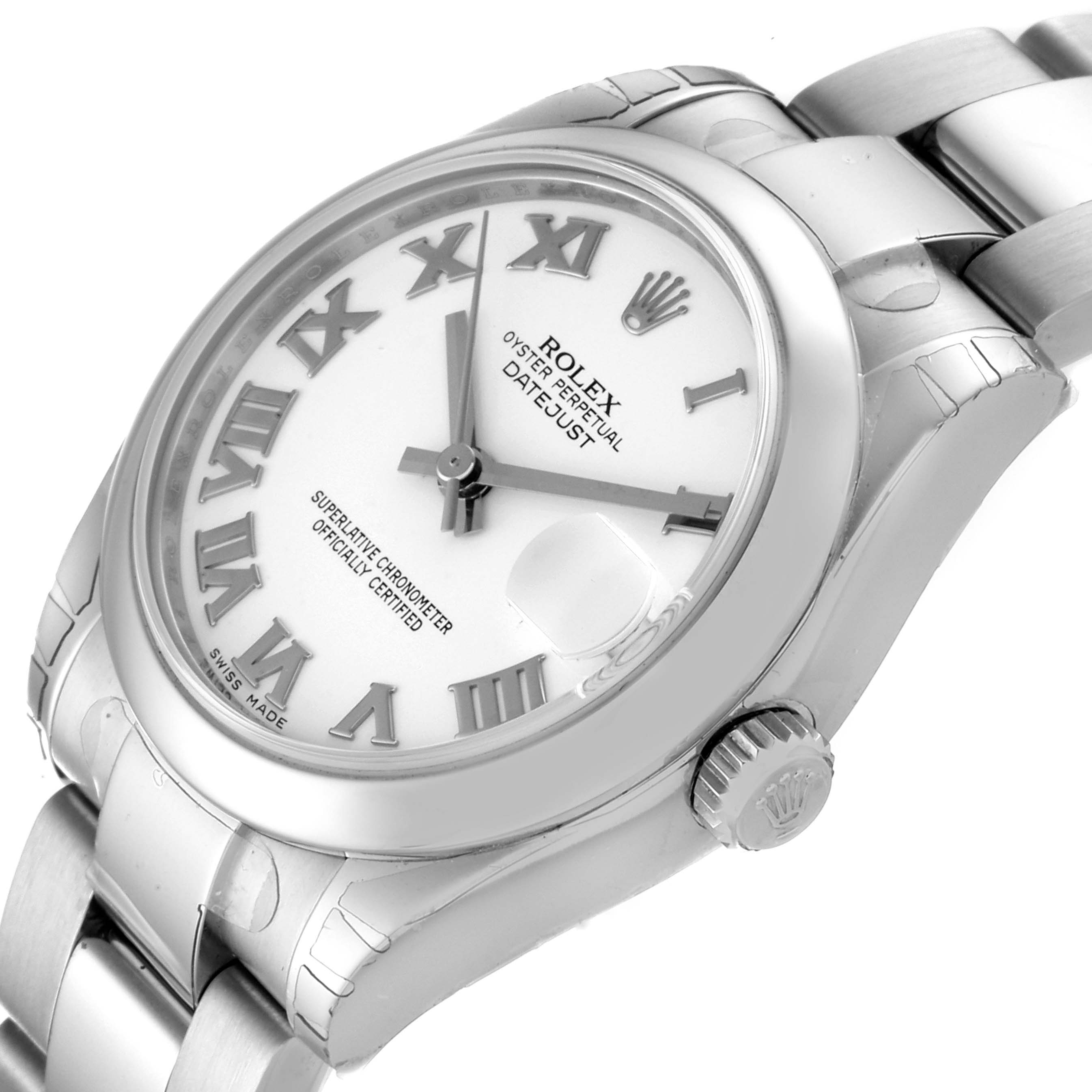 The image shows a close-up and angled view of the Rolex Mid-Size 178240 Women
s Stainless Steel White Dial 178240 Women
s Stainless Steel White Dial Datejust, highlighting its dial, crown, and part of the bracelet.