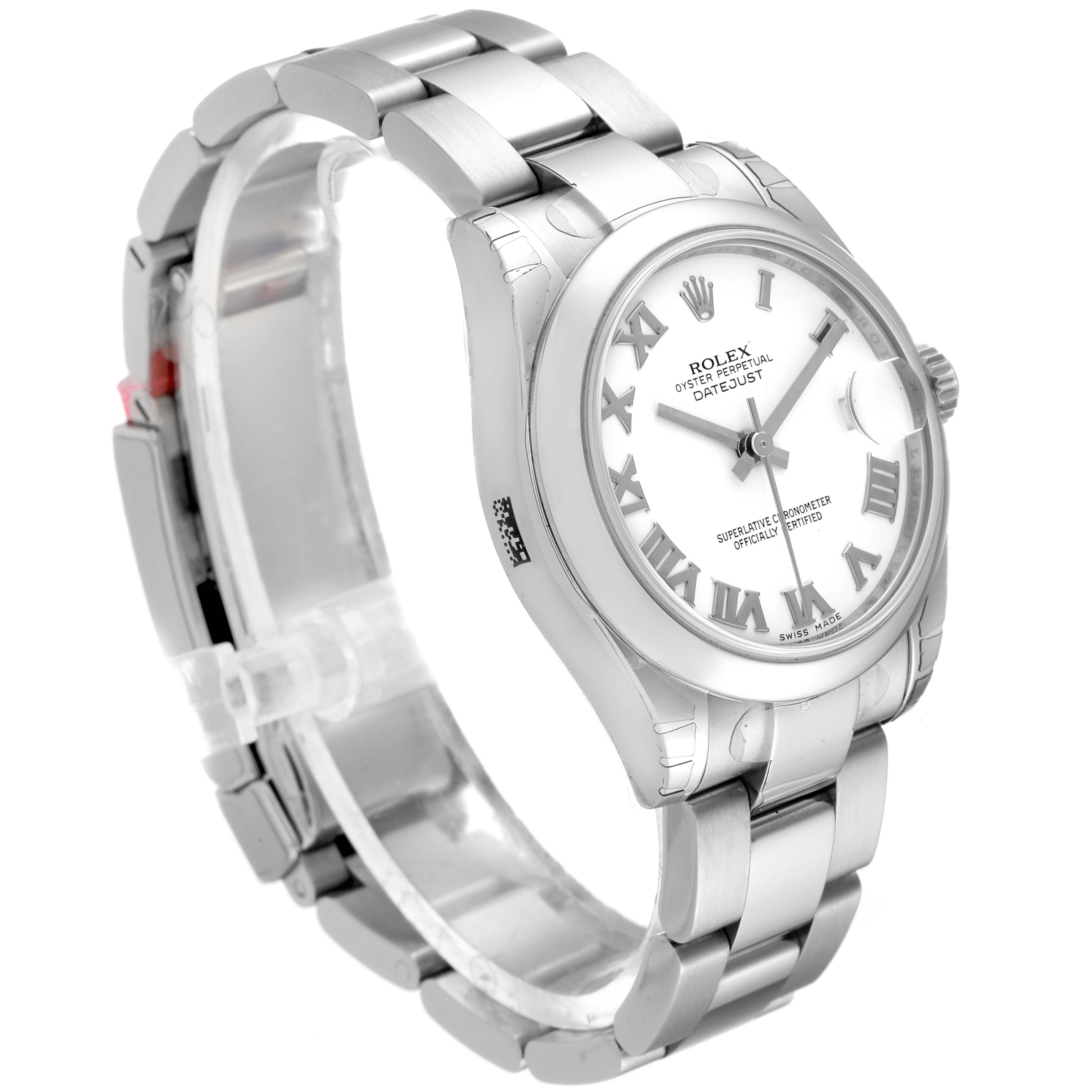 The image shows a Rolex Mid-Size 178240 Women
s Stainless Steel White Dial 178240 Women
s Stainless Steel White Dial Oyster Perpetual Datejust watch from an angled side view, highlighting the dial, bezel, and metal bracelet.