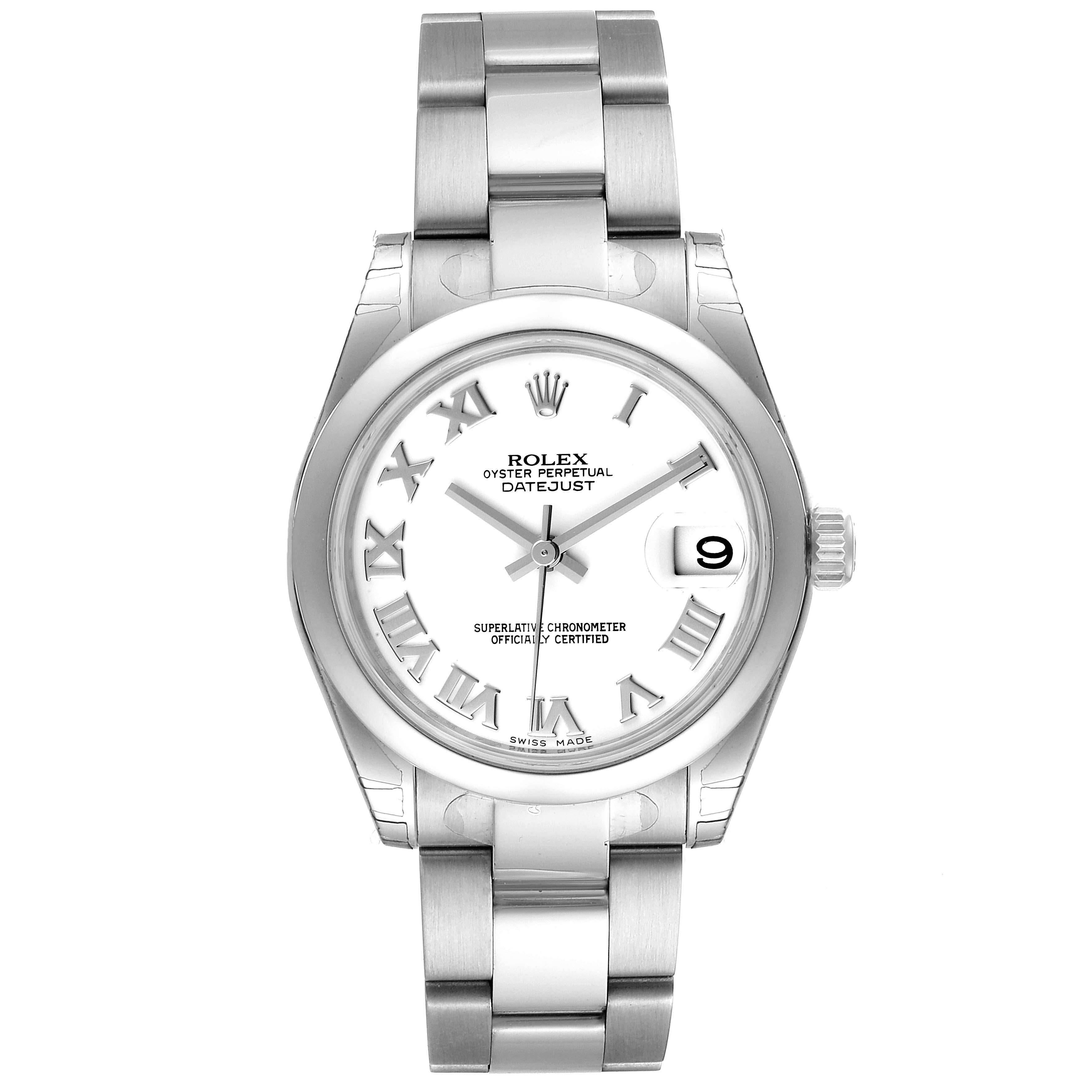 The image shows a front view of a Rolex Mid-Size 178240 Women
s Stainless Steel White Dial 178240 Women
s Stainless Steel White Dial Datejust watch, highlighting the dial, bezel, and bracelet.