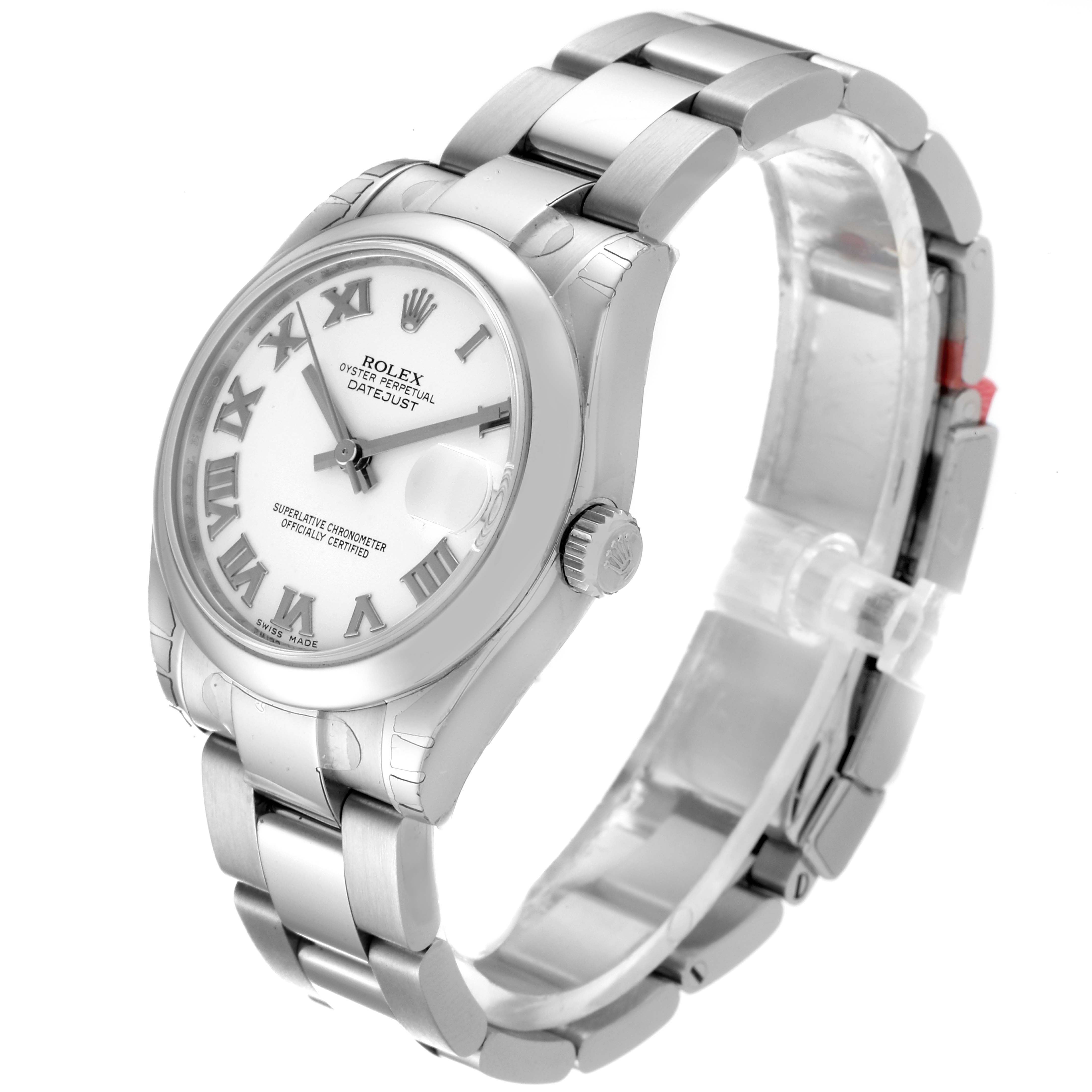 The image shows a Rolex Mid-Size 178240 Women
s Stainless Steel White Dial 178240 Women
s Stainless Steel White Dial Datejust watch at a three-quarter angle, displaying the dial, bracelet, and crown.