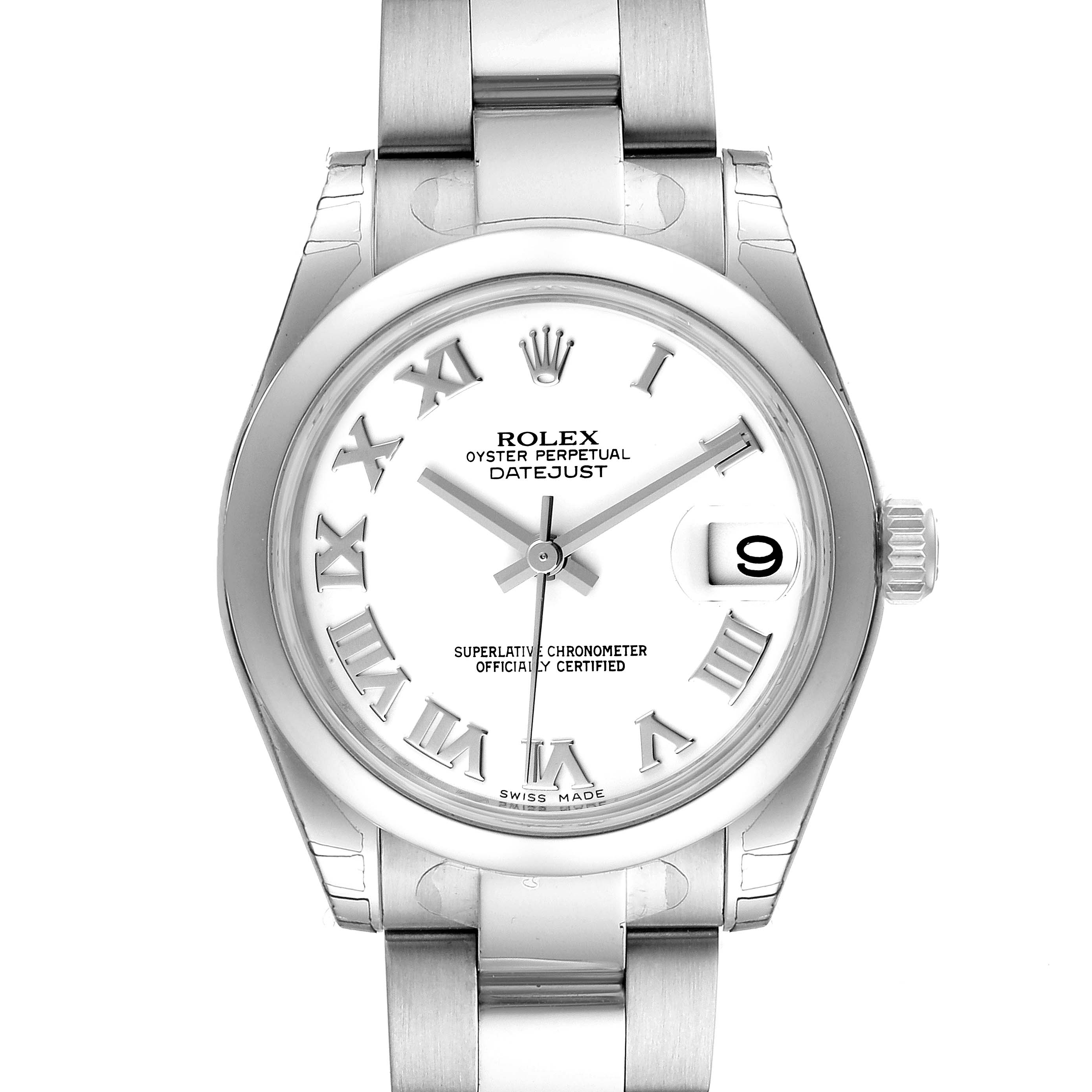 The image shows a front view of the Rolex Datejust Mid-Size watch, highlighting the dial, case, and bracelet.