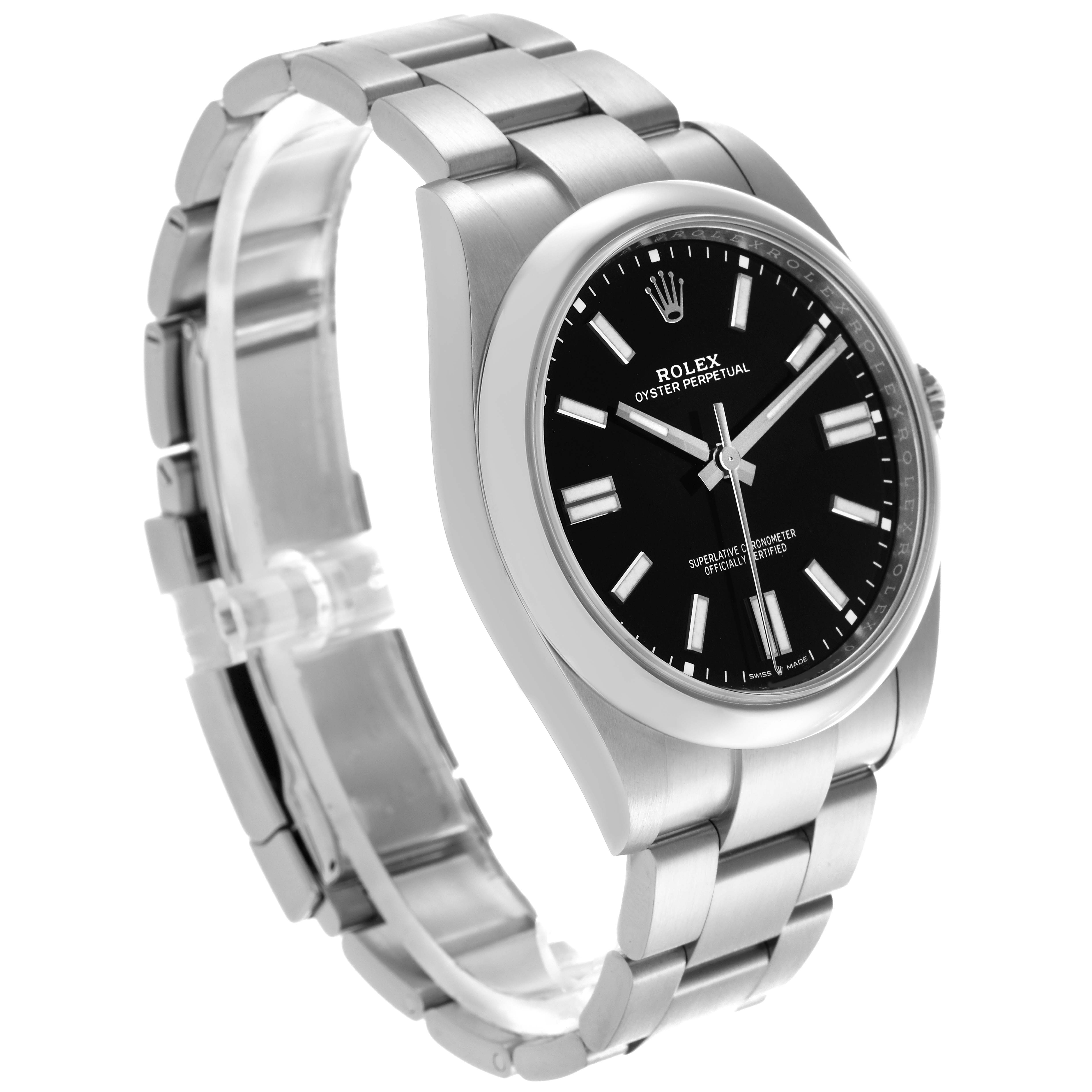 The image shows a side angle of the Rolex Oyster Perpetual 124300 Men's Stainless Steel Black Dial 124300 Men's Stainless Steel Black Dial, displaying the bracelet, case, and black dial.