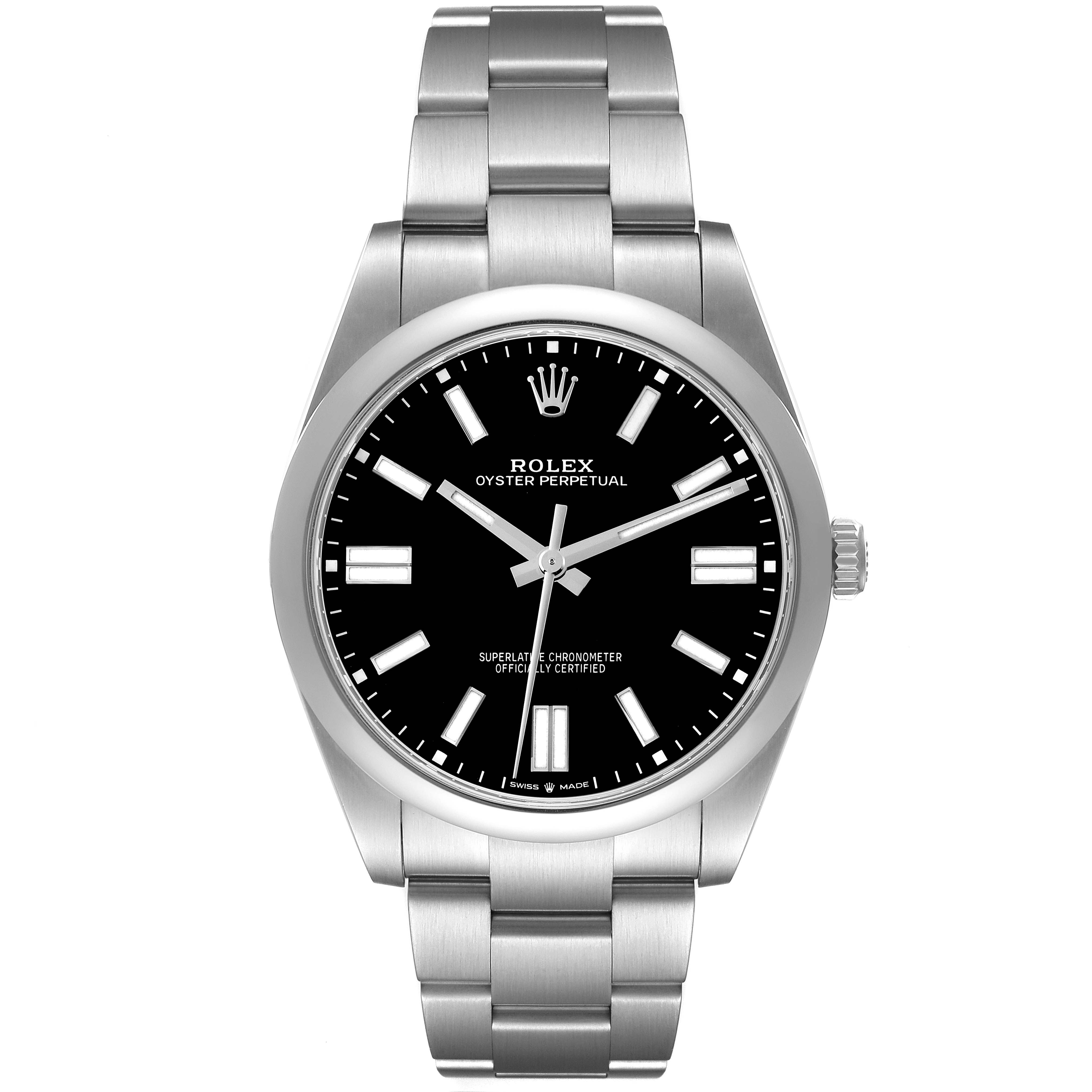 The Rolex Oyster Perpetual 124300 Men's Stainless Steel Black Dial 124300 Men's Stainless Steel Black Dial watch is shown from a front angle, displaying its black dial, bracelet, and bezel clearly.