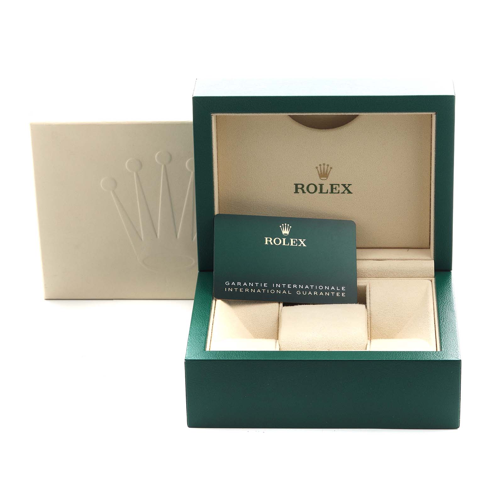 The image shows a Rolex Oyster Perpetual 124300 Men's Stainless Steel Black Dial 124300 Men's Stainless Steel Black Dial watch box and international guarantee card, viewed from the front.