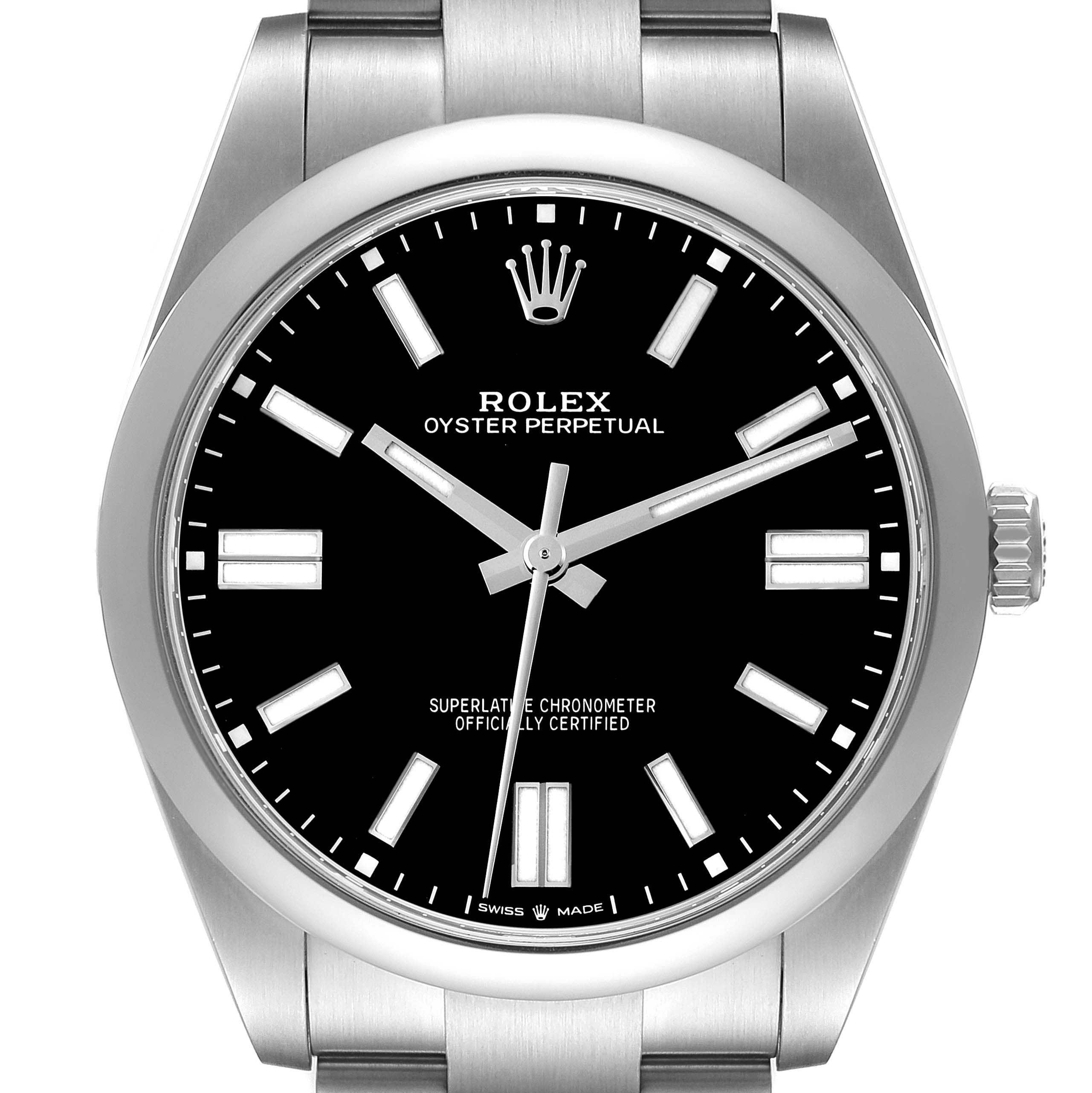 The Rolex Oyster Perpetual 124300 Men's Stainless Steel Black Dial 124300 Men's Stainless Steel Black Dial watch is shown from a front angle, highlighting the dial, crown, and part of the bracelet.