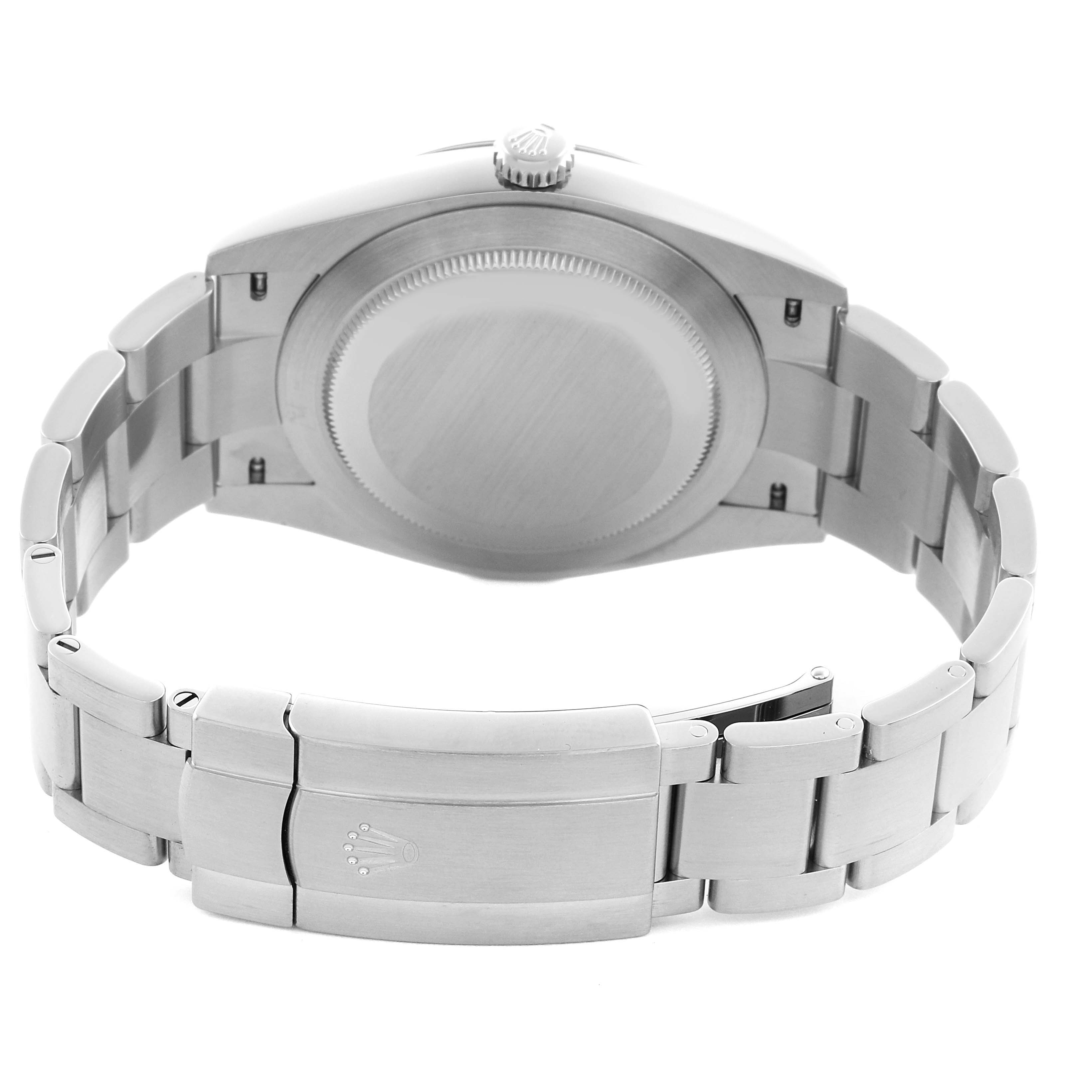 The Rolex Oyster Perpetual 124300 Men's Stainless Steel Black Dial 124300 Men's Stainless Steel Black Dial watch is shown from the back, highlighting the clasp and bracelet.