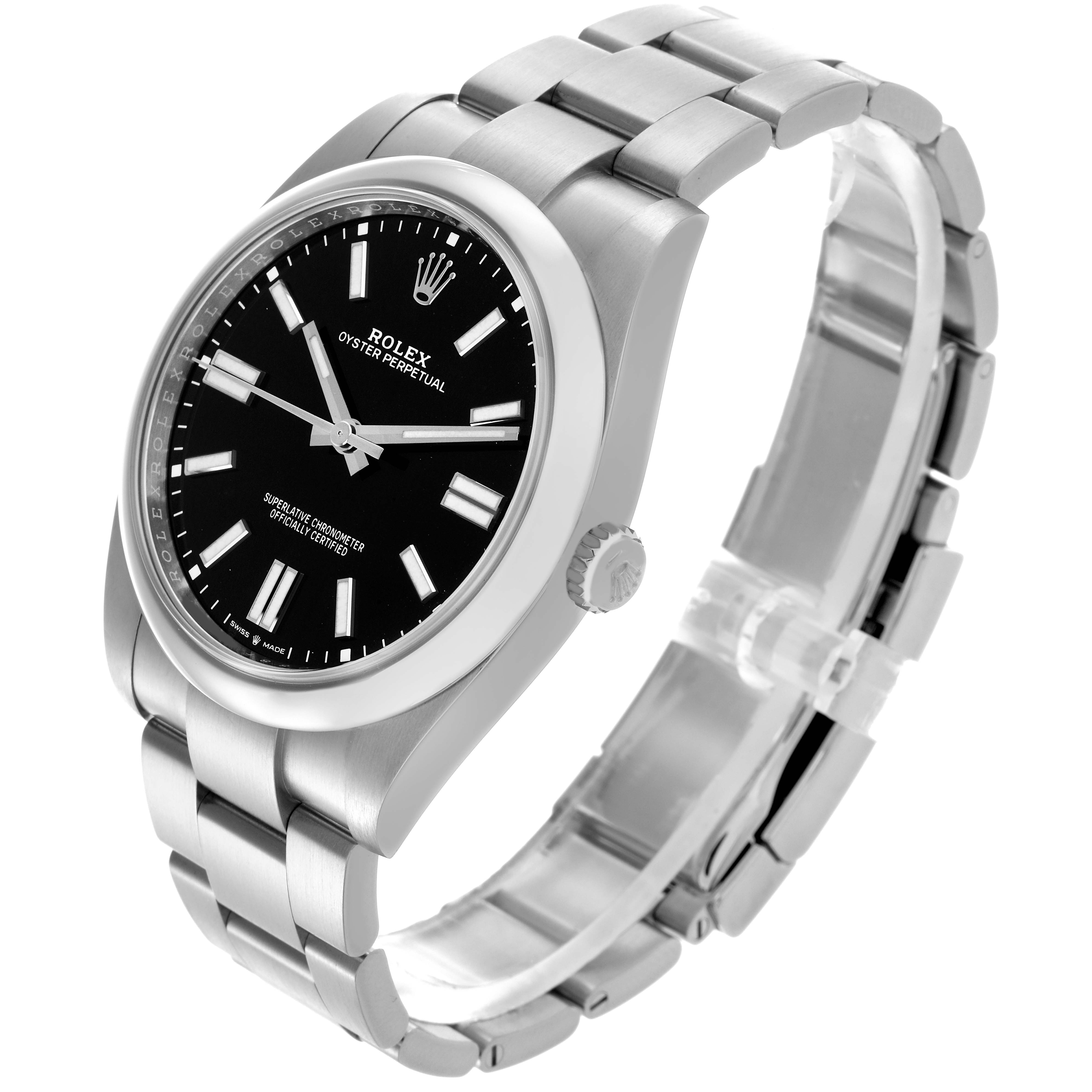 This image shows the Rolex Oyster Perpetual 124300 Men's Stainless Steel Black Dial 124300 Men's Stainless Steel Black Dial watch at an angled side view, highlighting the case, dial, and bracelet.