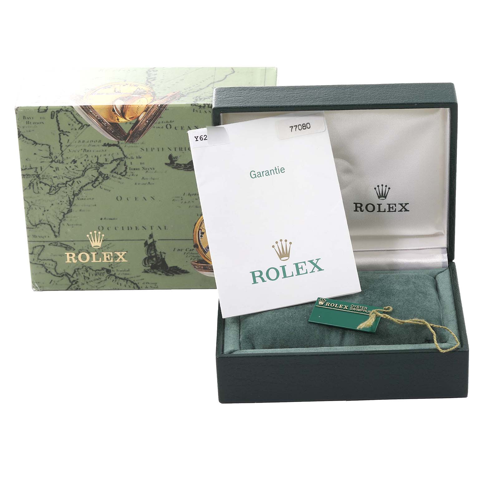 This image shows a Rolex Mid-Size 77080 Women's Stainless Steel Orange Dial 77080 Women's Stainless Steel Orange Dial watch box, guarantee card, and accessories at an angled front view.