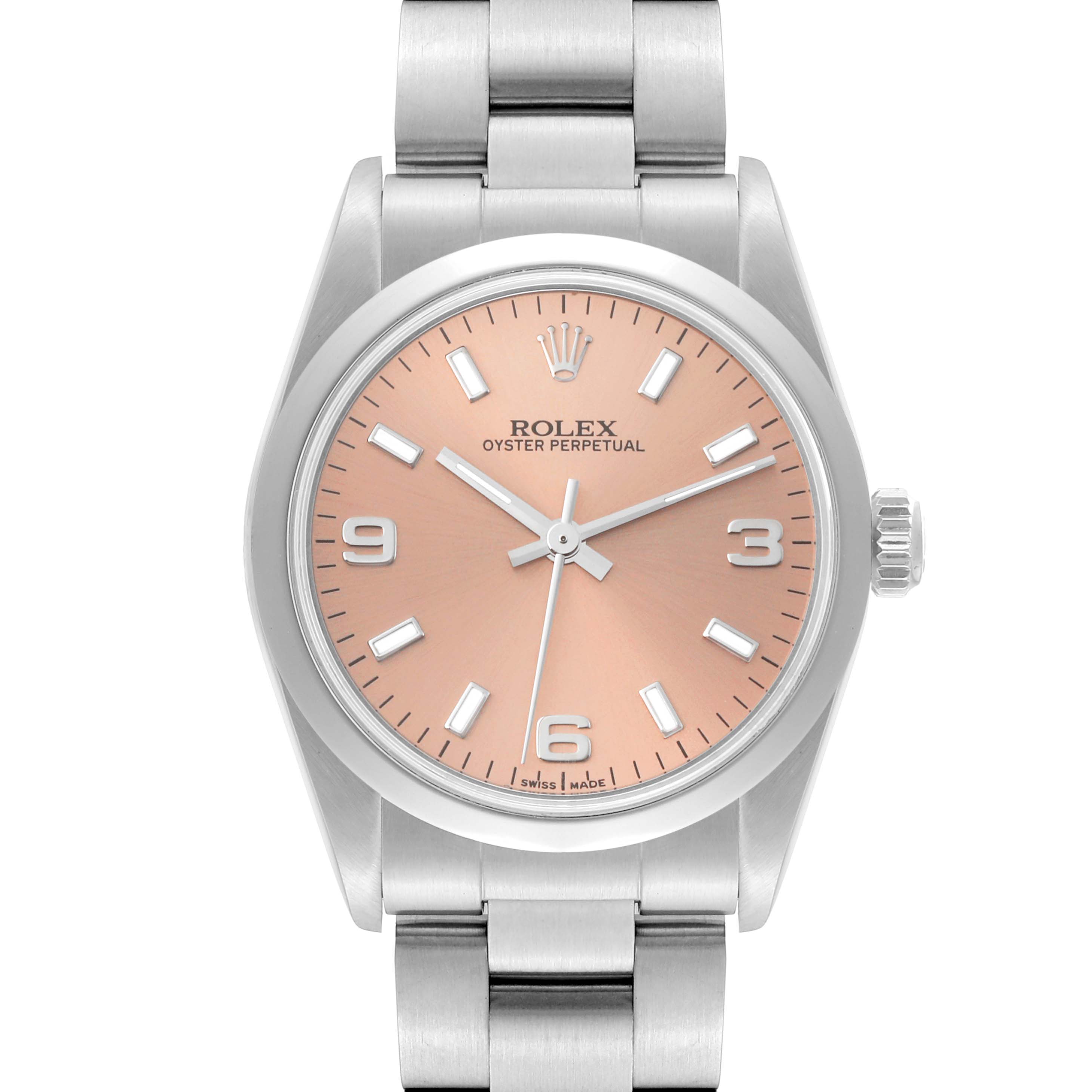The image shows a front angle of a Rolex Mid-Size 77080 Women's Stainless Steel Orange Dial 77080 Women's Stainless Steel Orange Dial Oyster Perpetual watch with a salmon-colored dial and stainless steel bracelet.