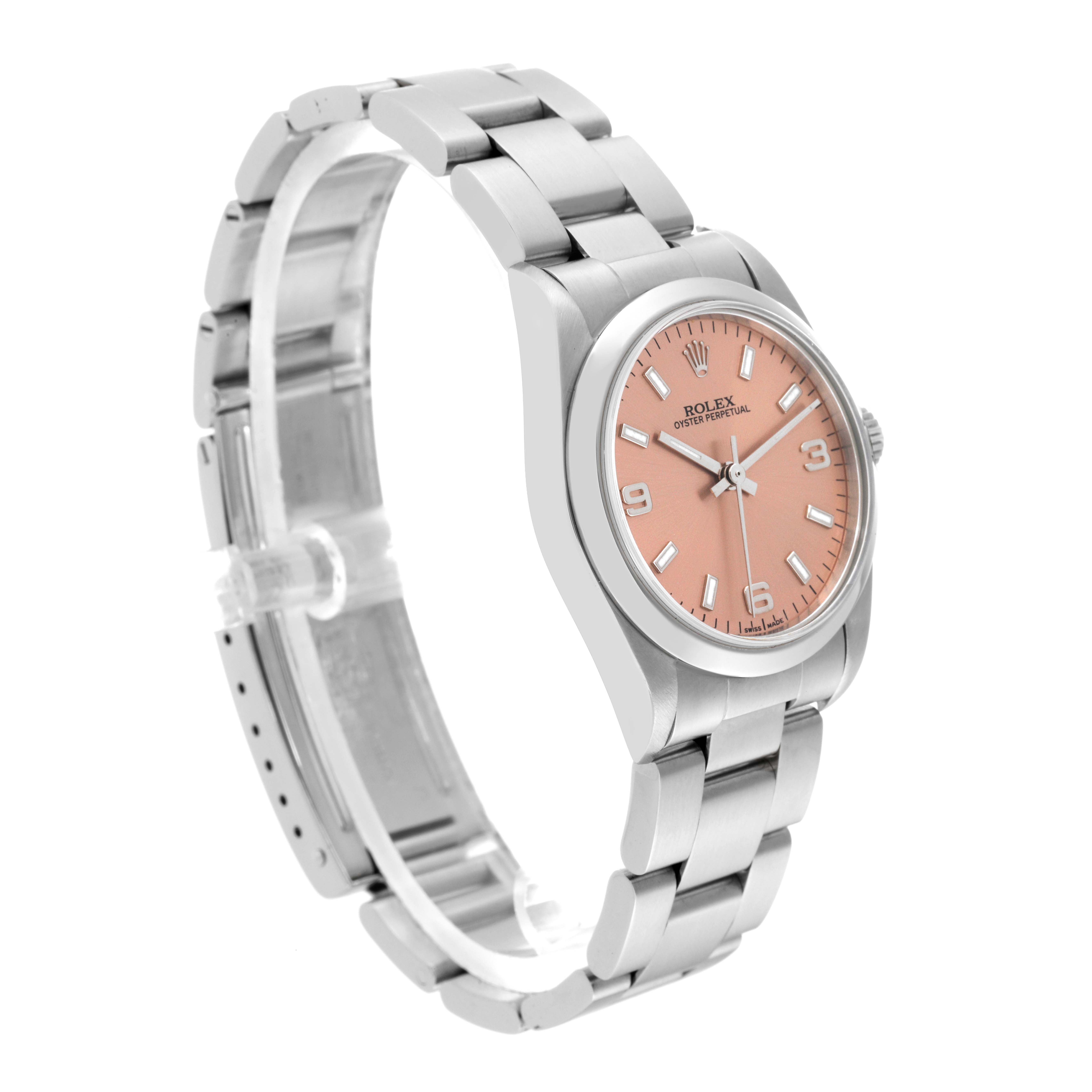 The image shows a side angle of a Rolex Mid-Size 77080 Women's Stainless Steel Orange Dial 77080 Women's Stainless Steel Orange Dial model watch, highlighting its bracelet, case, and a pink dial.