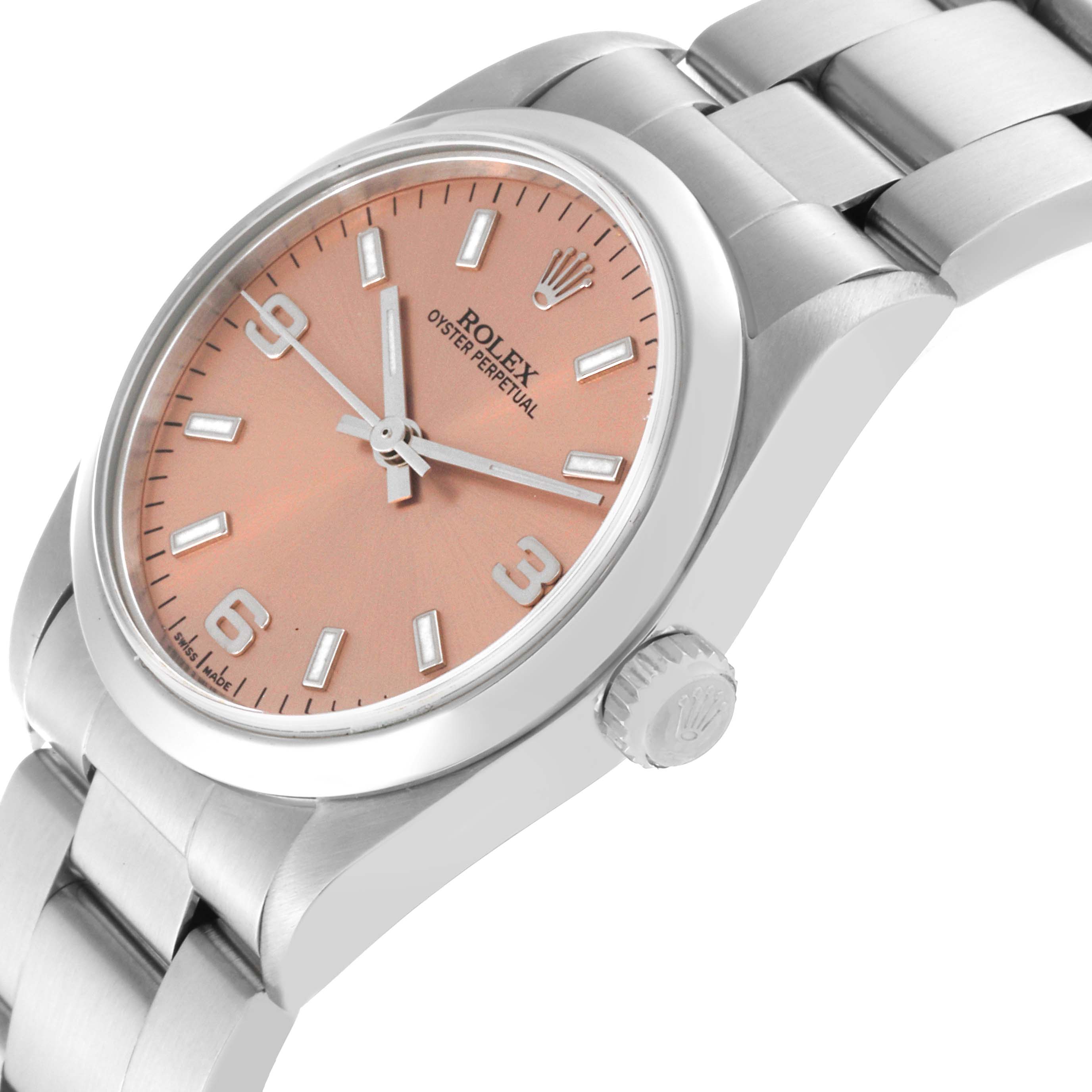 The Rolex Mid-Size 77080 Women's Stainless Steel Orange Dial 77080 Women's Stainless Steel Orange Dial model is shown from a slightly tilted angle, highlighting its pink dial, silver indices, case, and bracelet.