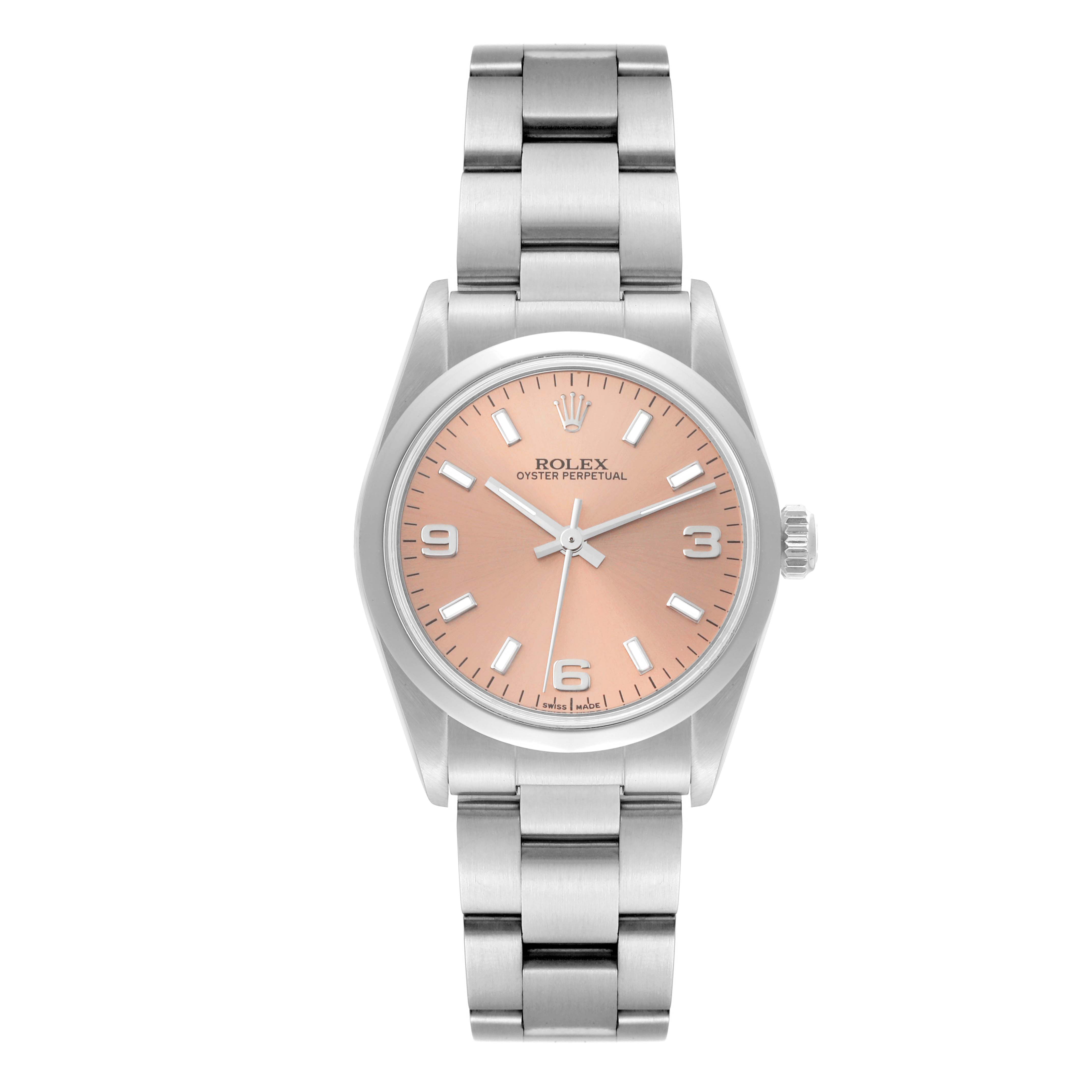 The Rolex Mid-Size 77080 Women's Stainless Steel Orange Dial 77080 Women's Stainless Steel Orange Dial Oyster Perpetual watch is shown from a straight-on angle, highlighting its dial, bezel, case, and bracelet.