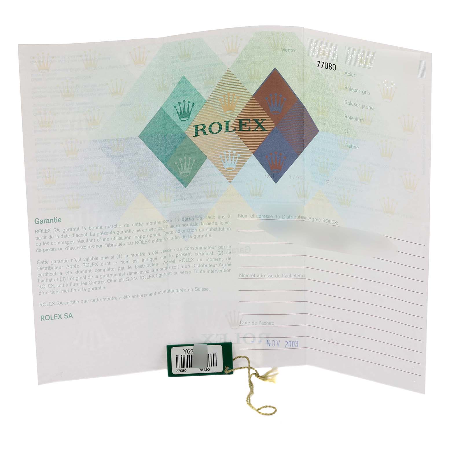 This image shows the warranty paper and tag for a Mid-Size Rolex watch model.