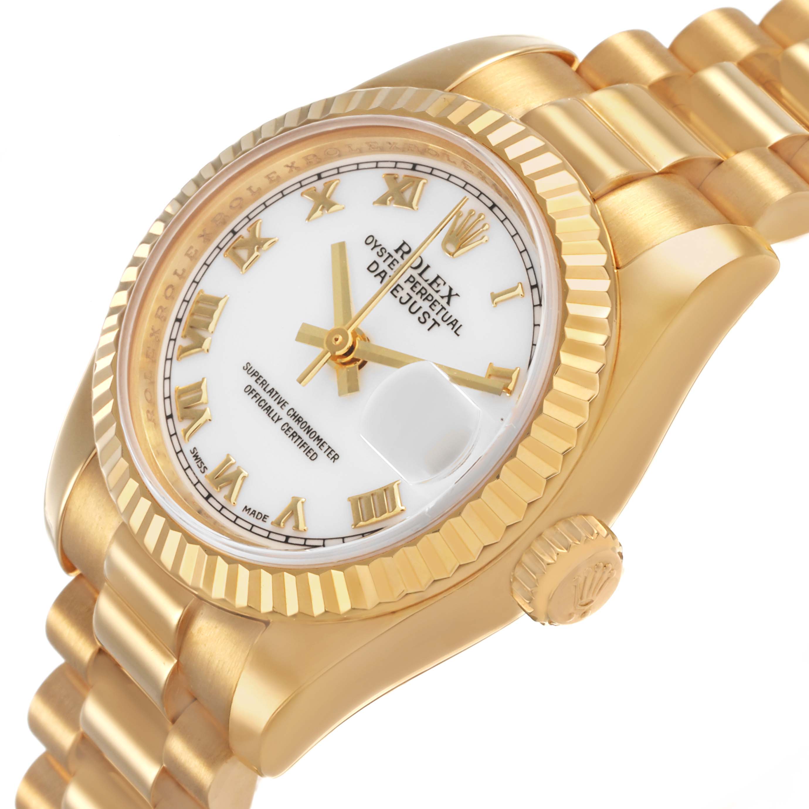 The Rolex President 179178 Women's Yellow Gold White Dial model is shown at an angled view, highlighting the bezel, dial, crown, and bracelet.