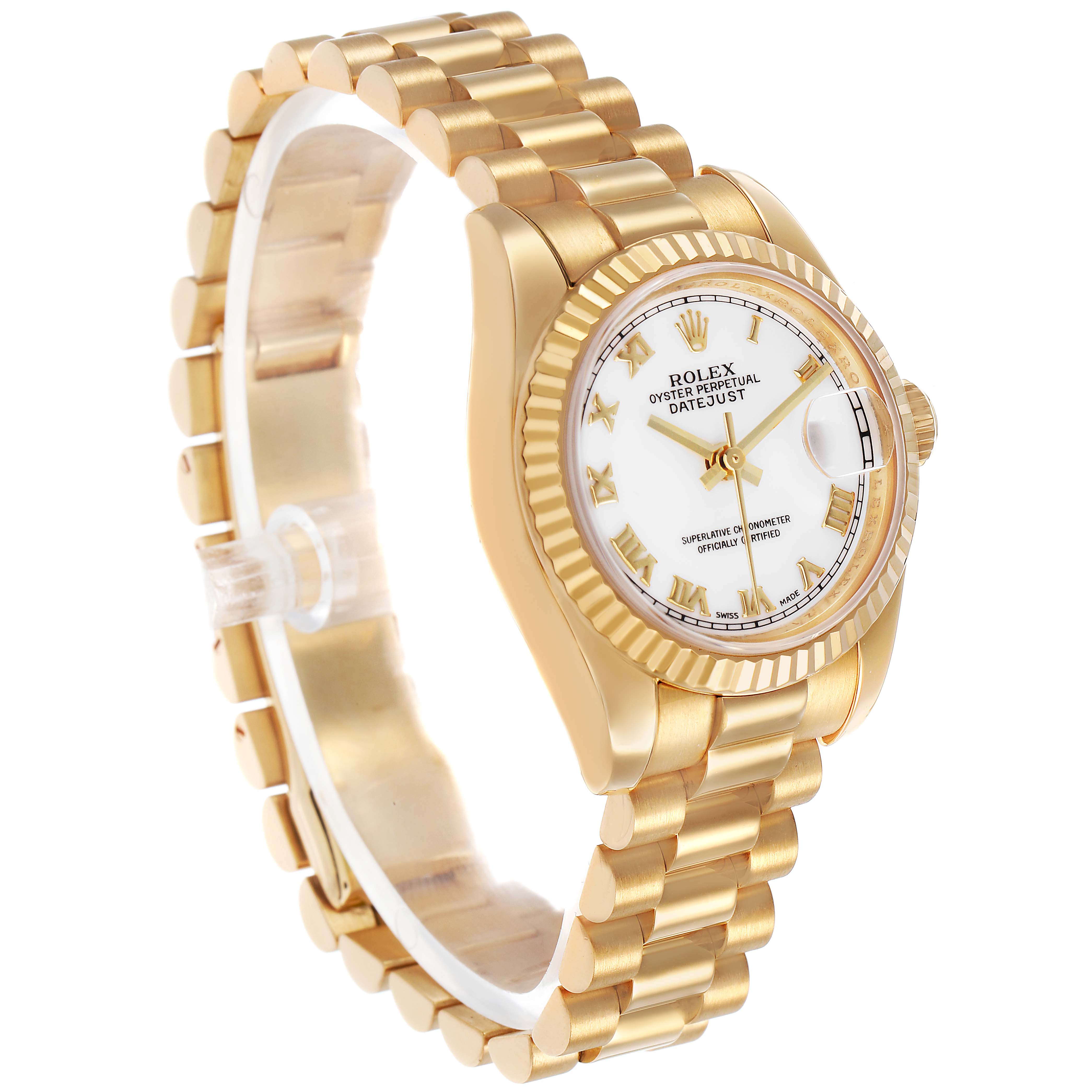 The Rolex President 179178 Women's Yellow Gold White Dial model watch is shown from a three-quarter angle, displaying the dial, bezel, and part of the bracelet.