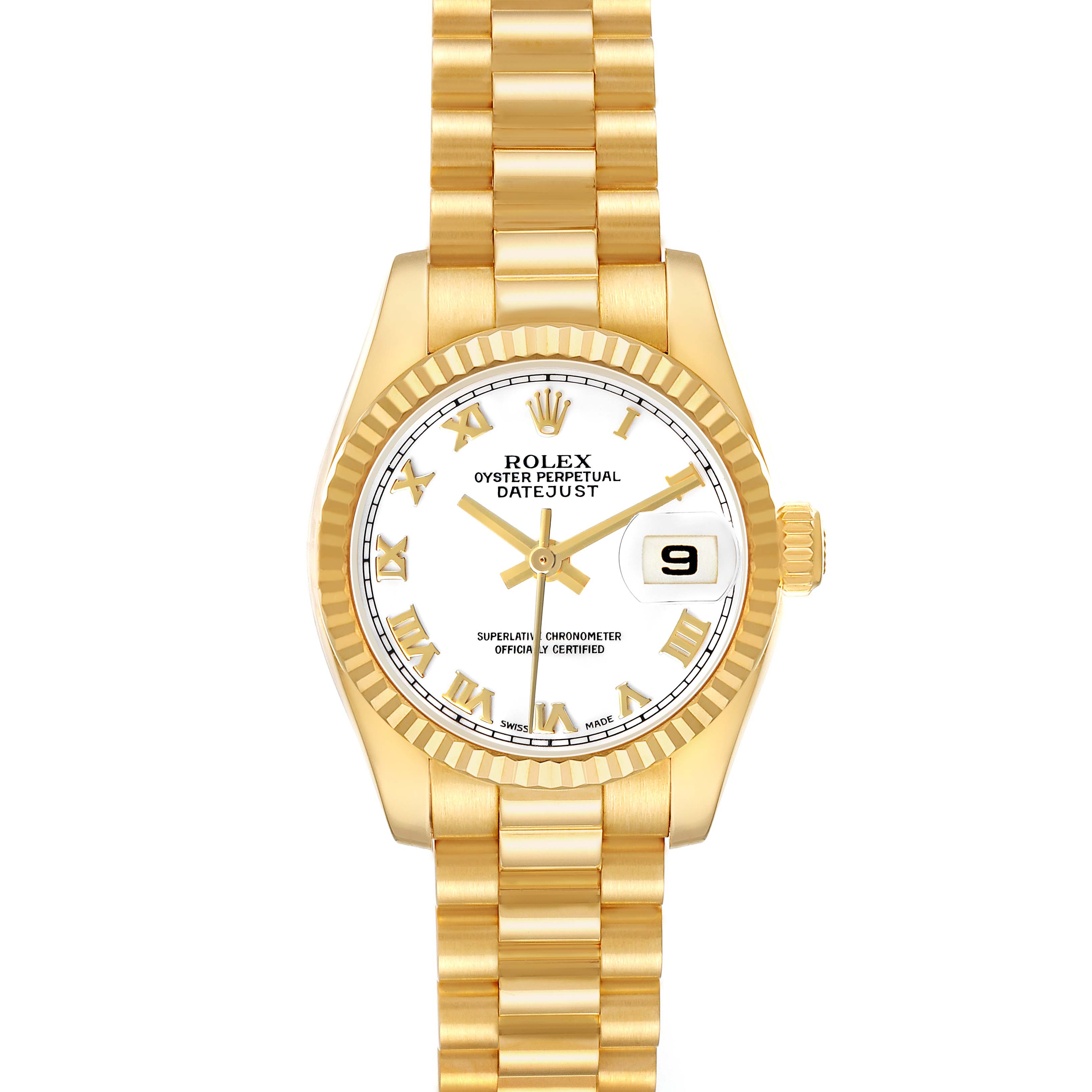 The Rolex President 179178 Women's Yellow Gold White Dial model watch is shown from a direct top-down angle, featuring its gold fluted bezel, white dial, and President bracelet.