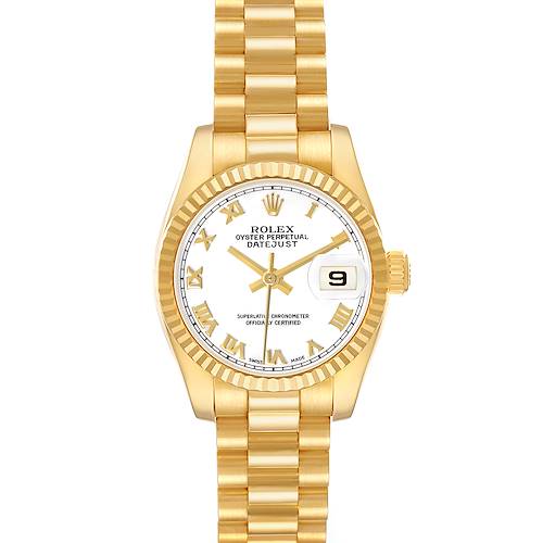 The Rolex President 179178 Women's Yellow Gold White Dial model is shown from the front, displaying the gold case, bracelet, and white dial with Roman numerals and date.