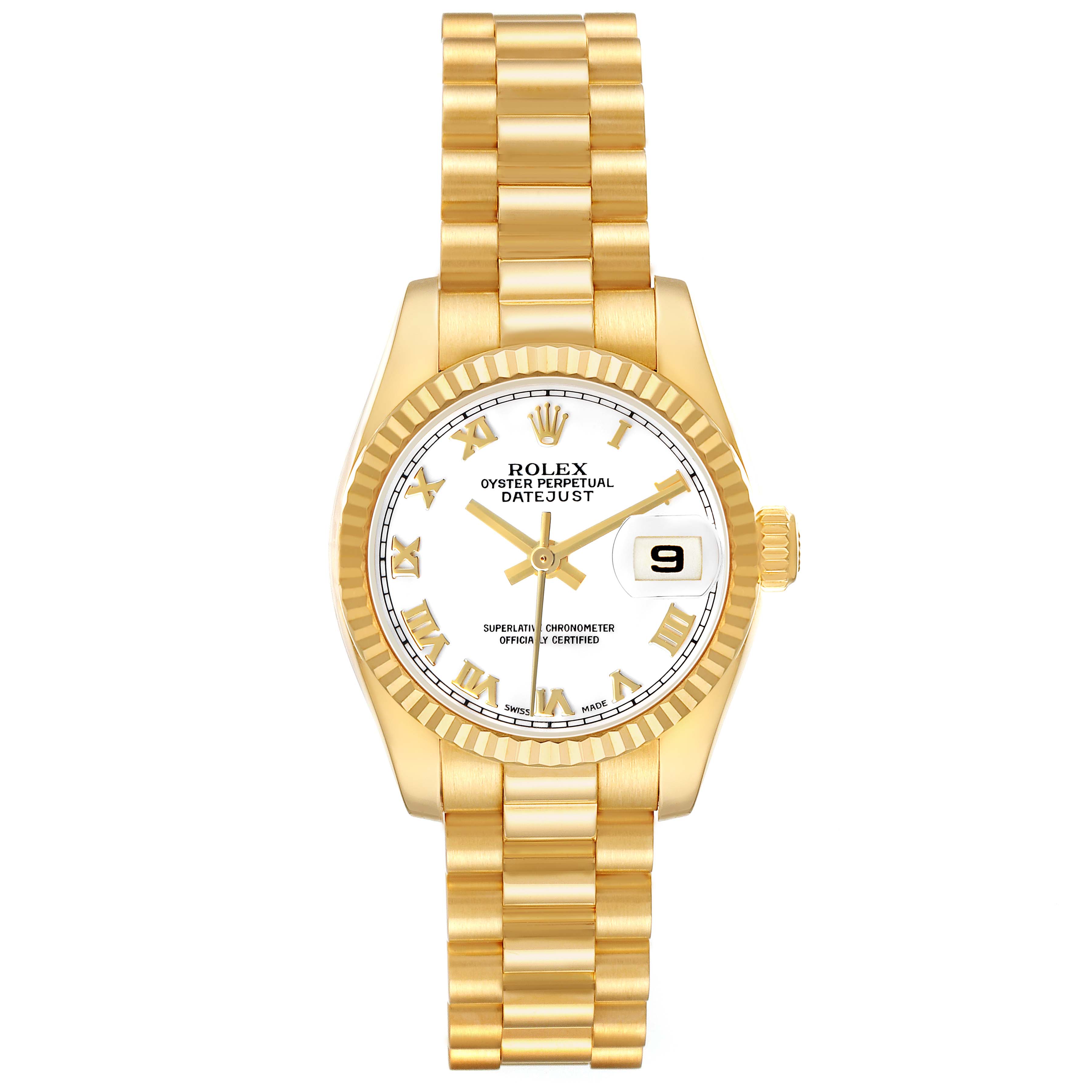 The Rolex President 179178 Women's Yellow Gold White Dial model is shown from the front, highlighting the gold bracelet, fluted bezel, dial, and date window.