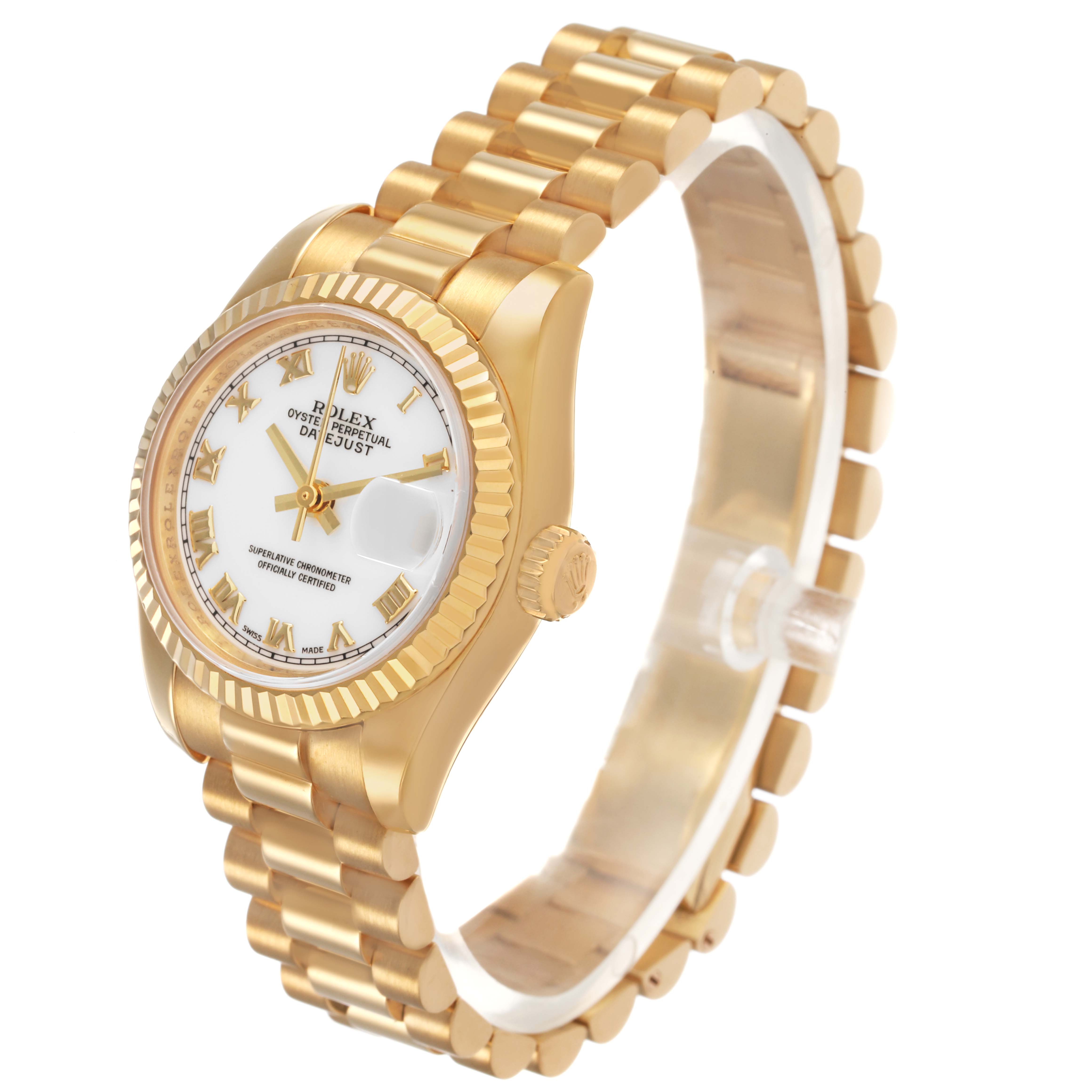 The Rolex President 179178 Women's Yellow Gold White Dial model watch is shown at a three-quarter angle, highlighting the bracelet, crown, and face with gold details.