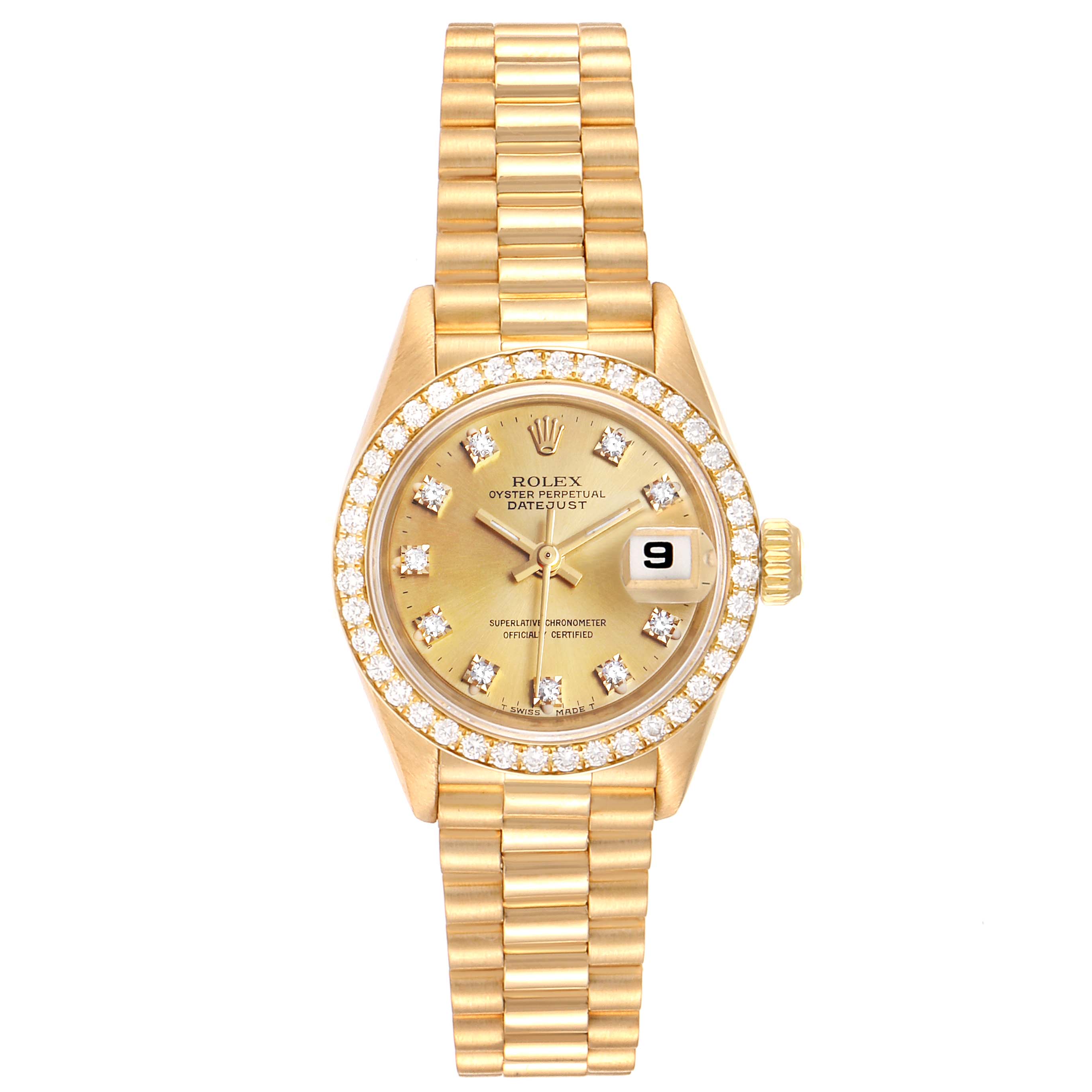 The image shows a front view of a Rolex President 69138 Women
s Yellow Gold Champagne Dial 69138 Women
s Yellow Gold Champagne Dial model watch with a gold case, diamond bezel, gold bracelet, and date display.