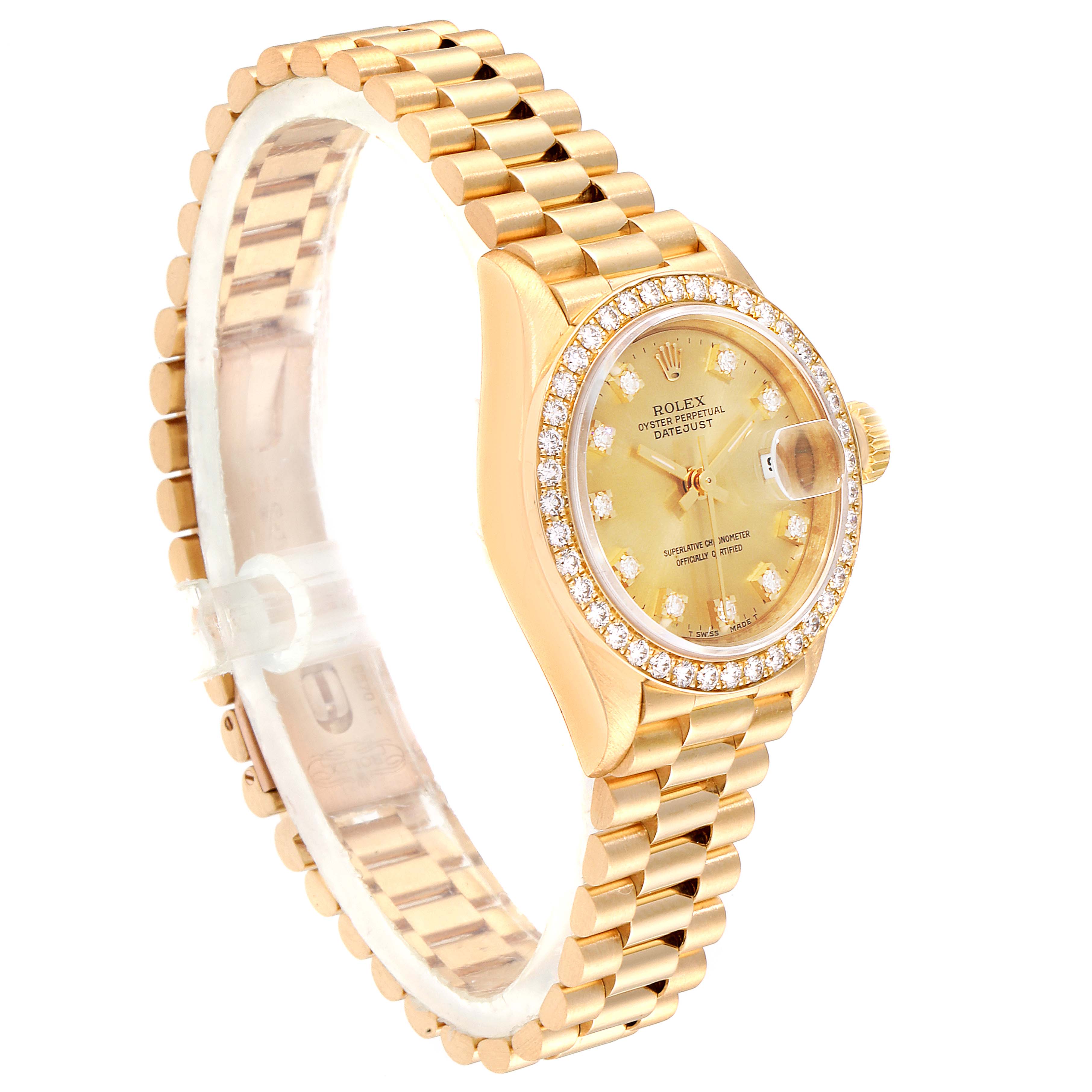The Rolex President 69138 Women
s Yellow Gold Champagne Dial 69138 Women
s Yellow Gold Champagne Dial model watch is depicted at a 3/4 angle, showing its gold bracelet, diamond bezel, and champagne dial.