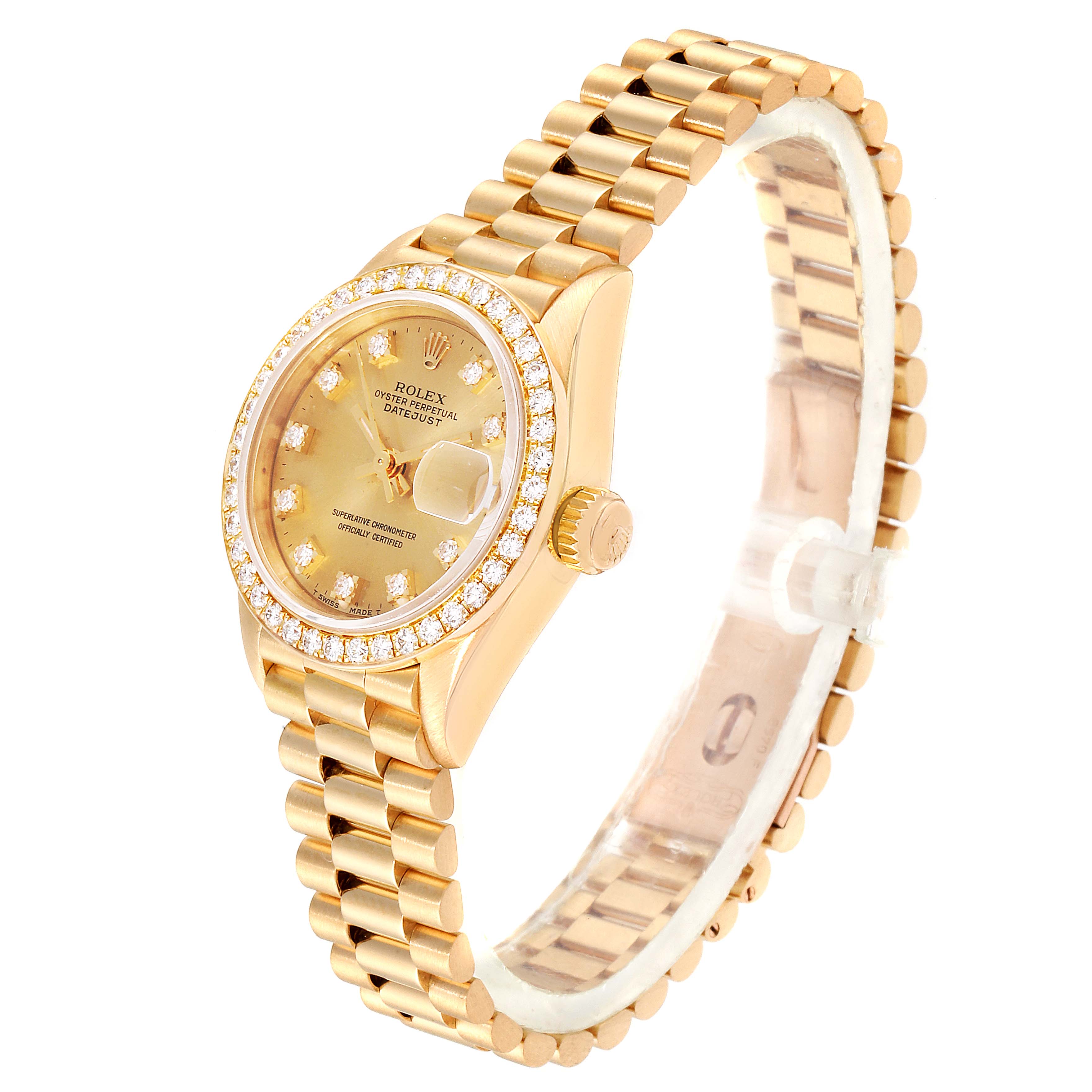 The image shows a Rolex President 69138 Women
s Yellow Gold Champagne Dial 69138 Women
s Yellow Gold Champagne Dial model watch at a three-quarter angle, highlighting the dial, bezel, bracelet, and crown.