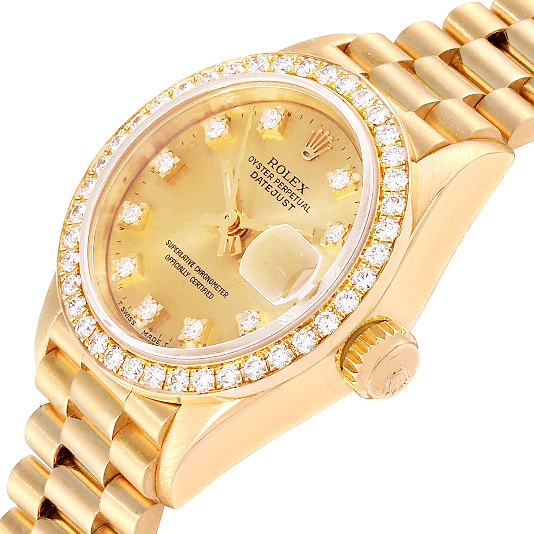 The image shows a close-up angle of the dial, bezel, crown, and part of the bracelet of a Rolex President 69138 Women
s Yellow Gold Champagne Dial 69138 Women
s Yellow Gold Champagne Dial model watch.