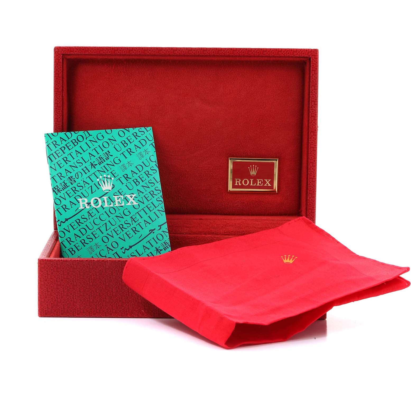 The image shows an empty Rolex President 69138 Women
s Yellow Gold Champagne Dial 69138 Women
s Yellow Gold Champagne Dial watch box with a booklet and a red cloth inside.