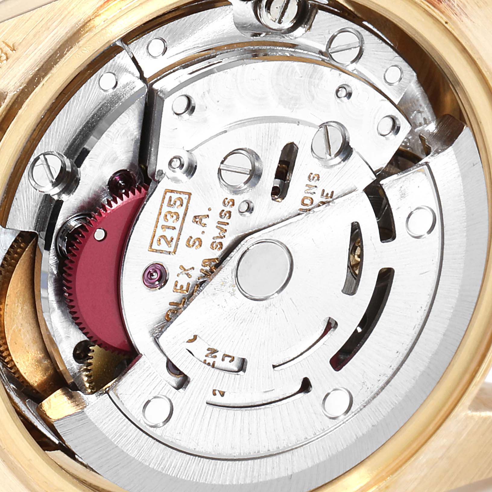 This image shows a close-up view of the movement mechanism of a Rolex President 69138 Women
s Yellow Gold Champagne Dial 69138 Women
s Yellow Gold Champagne Dial model watch.