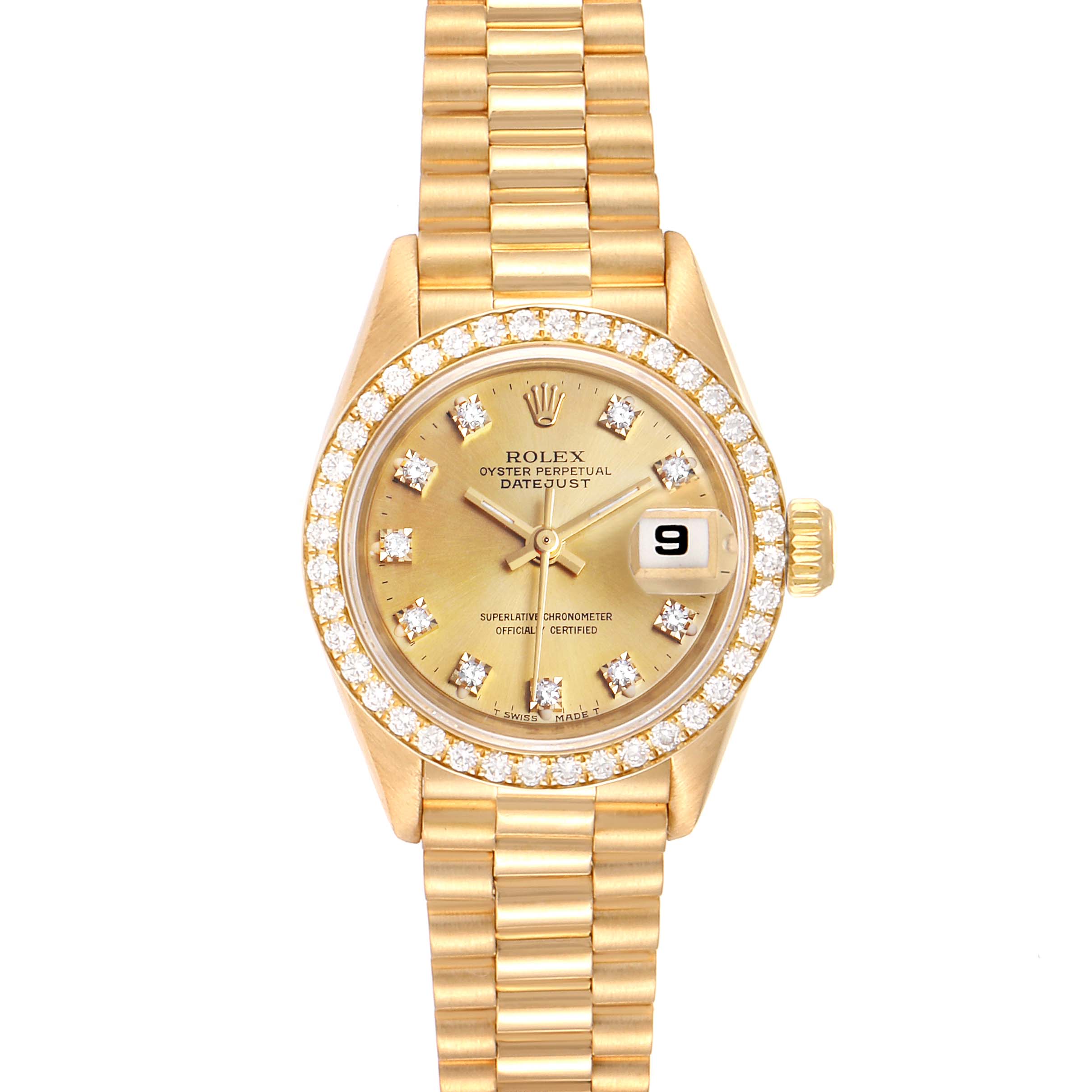 This image shows a full frontal view of the Rolex President 69138 Women
s Yellow Gold Champagne Dial 69138 Women
s Yellow Gold Champagne Dial model watch, highlighting its gold band, diamond-studded bezel, and date display.