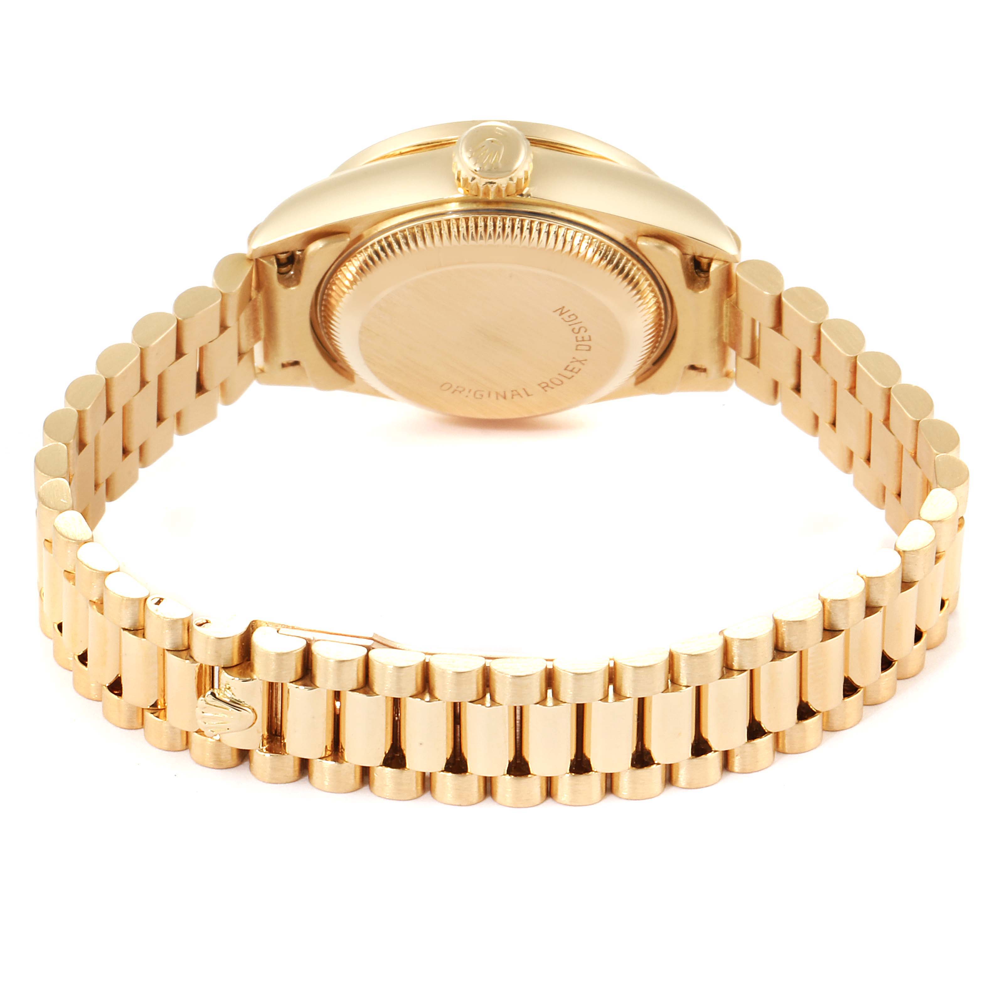 The image shows the back and bracelet of a Rolex President 69138 Women
s Yellow Gold Champagne Dial 69138 Women
s Yellow Gold Champagne Dial model watch from a rear angle.