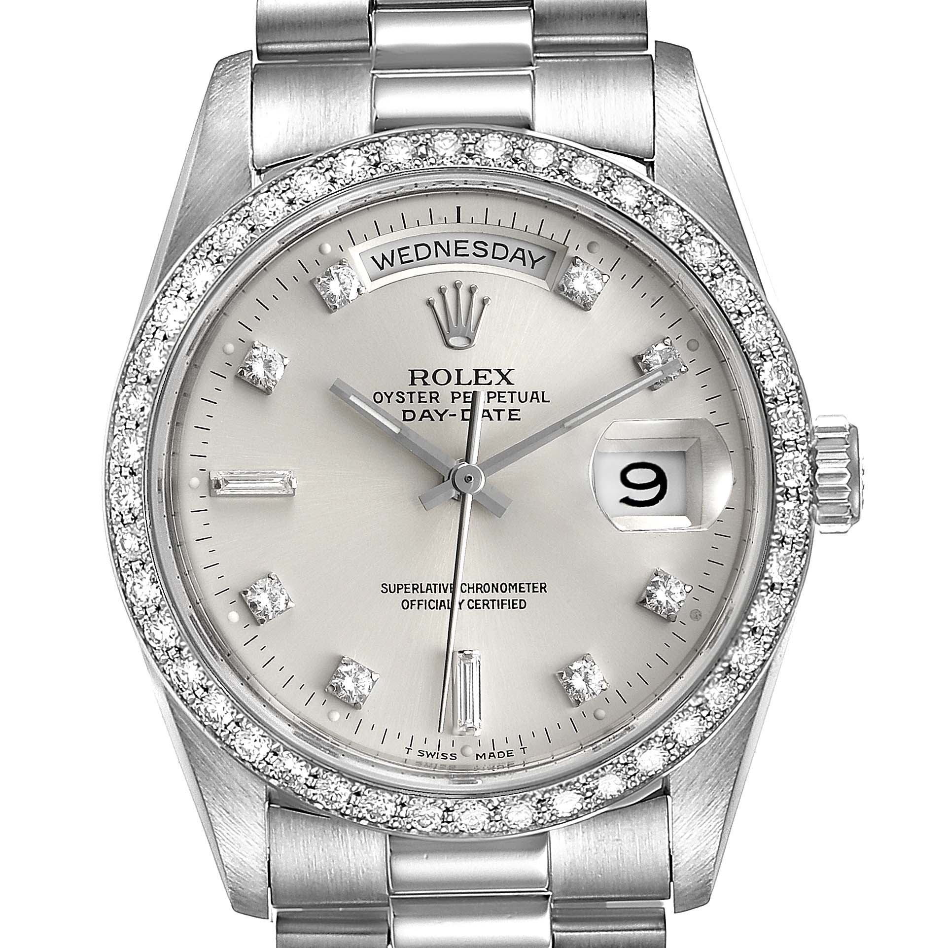The image shows a front view of a Rolex President 18346 Men's Platinum Silver Dial 18346 Men's Platinum Silver Dial model watch, highlighting its diamond bezel, dial, day, and date features.
