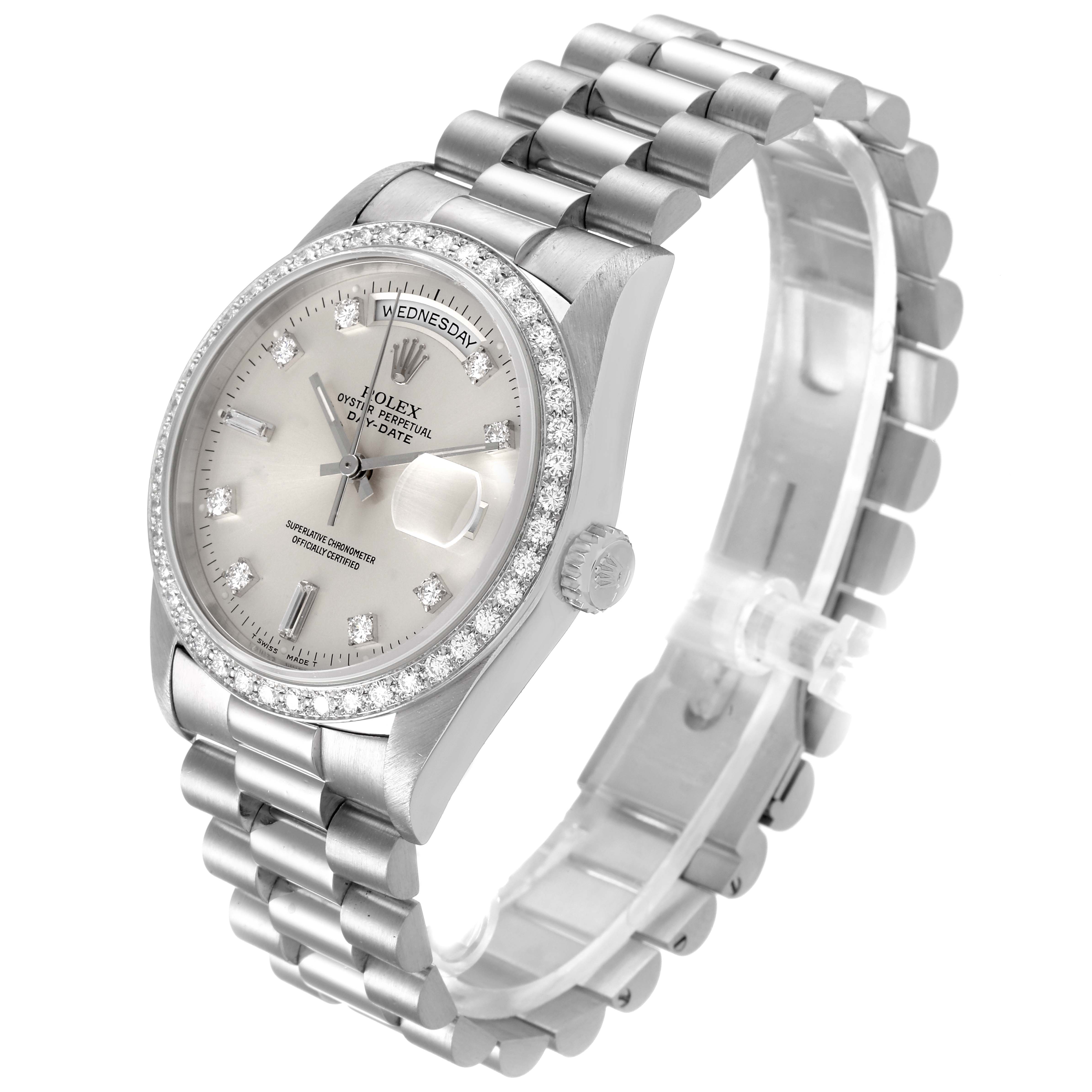 The image shows a Rolex President 18346 Men's Platinum Silver Dial 18346 Men's Platinum Silver Dial model watch at a slight angle, displaying the face, bezel, crown, and bracelet.