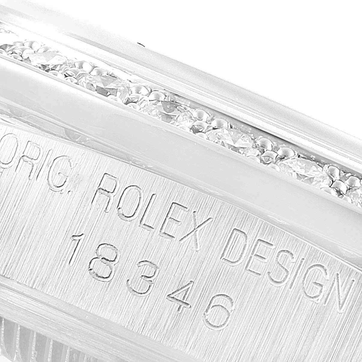 This image shows a close-up view of the bezel and model number (18346) inscription on a Rolex President 18346 Men's Platinum Silver Dial 18346 Men's Platinum Silver Dial watch.