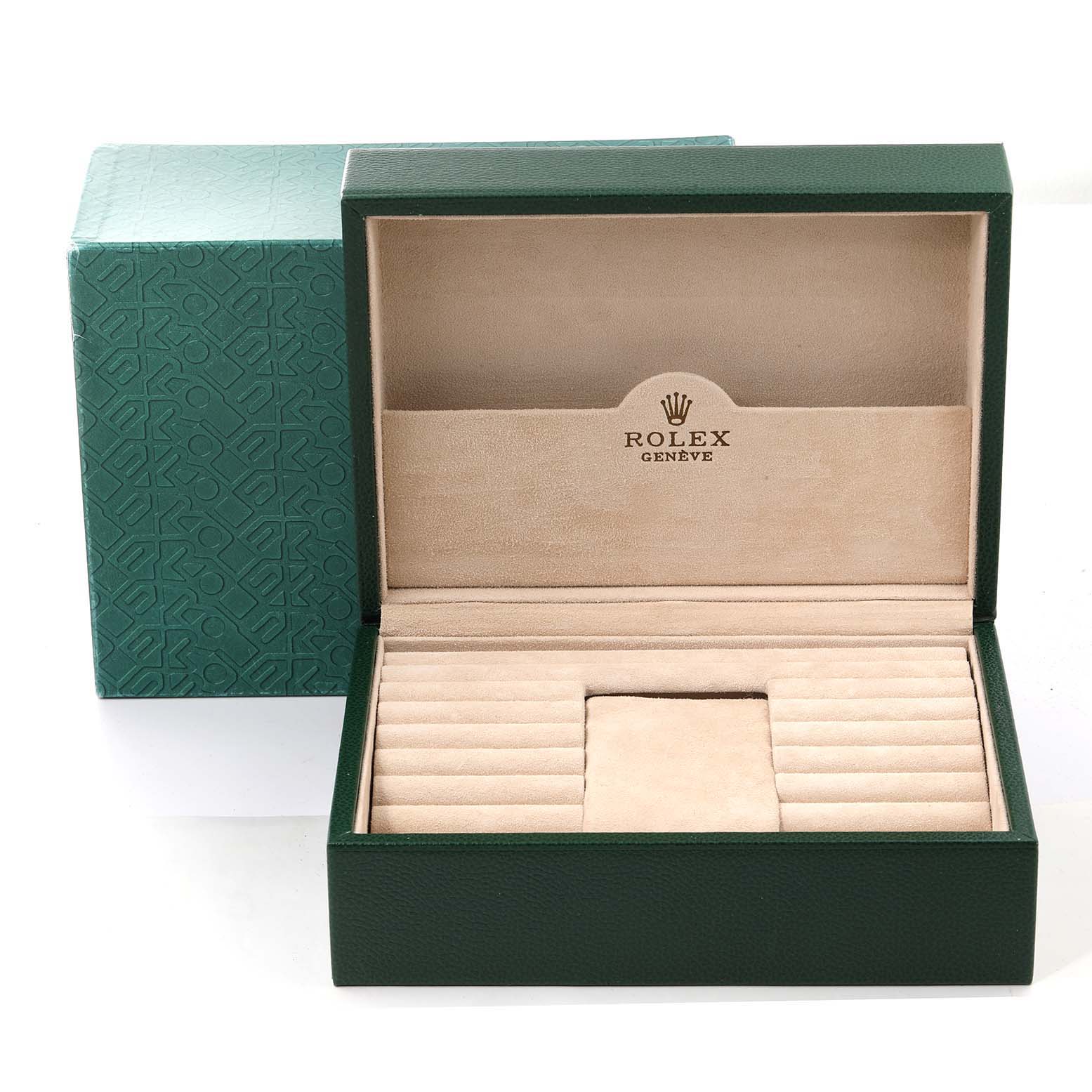The image shows a green and beige presentation box for the Rolex President 18346 Men's Platinum Silver Dial 18346 Men's Platinum Silver Dial model, with the lid open.