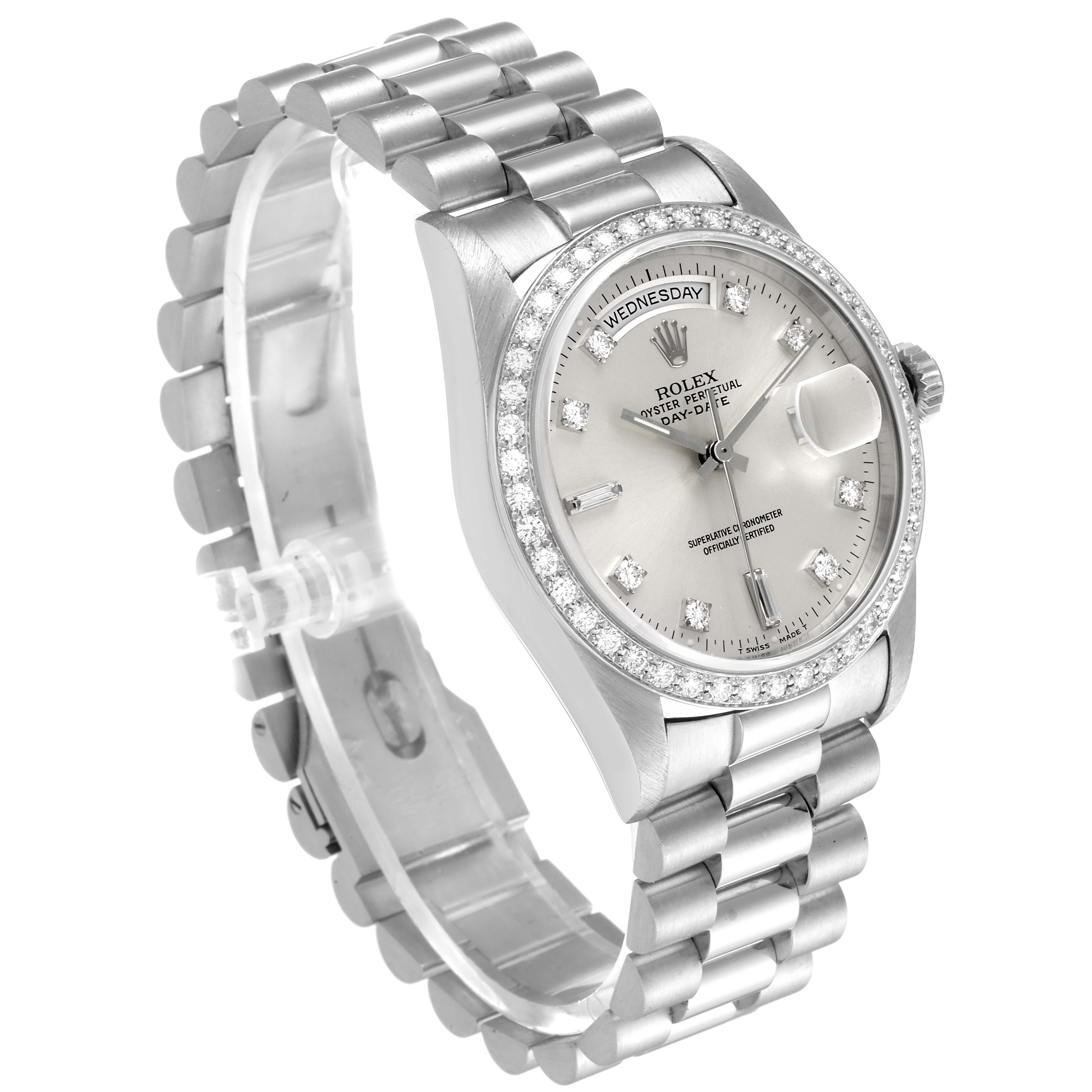 This image shows a Rolex President 18346 Men's Platinum Silver Dial 18346 Men's Platinum Silver Dial model watch at a three-quarter angle, highlighting its face, bezel, bracelet, and crown.