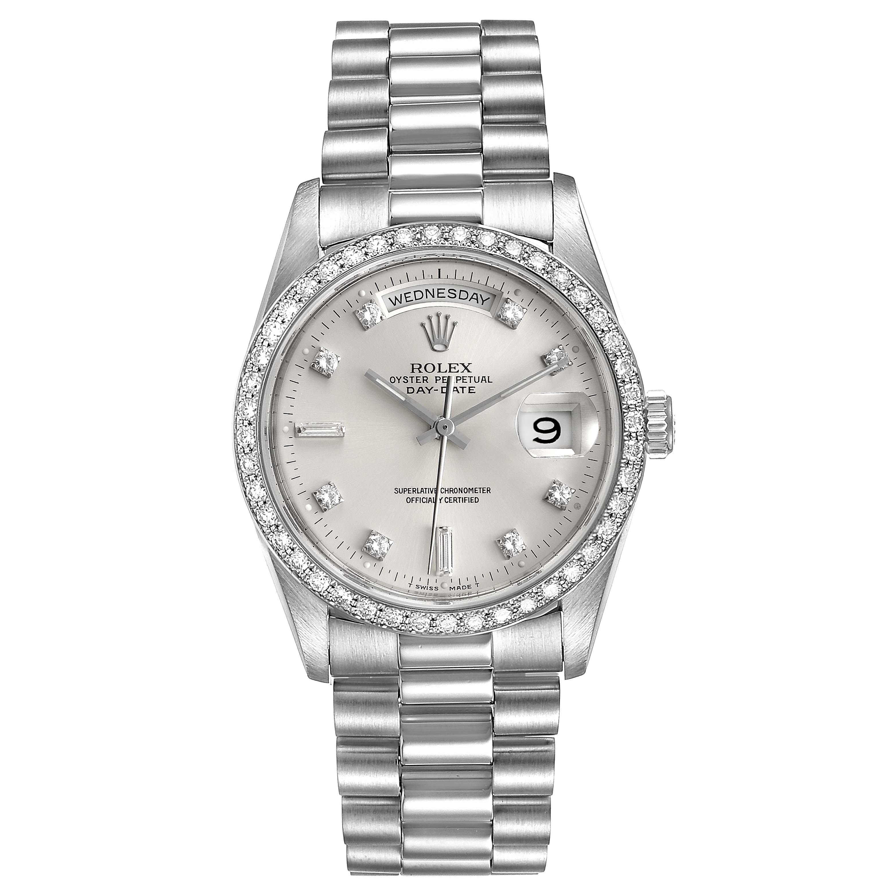 The image shows a full frontal view of a Rolex President 18346 Men's Platinum Silver Dial 18346 Men's Platinum Silver Dial model watch, displaying the dial, bezel, and bracelet.