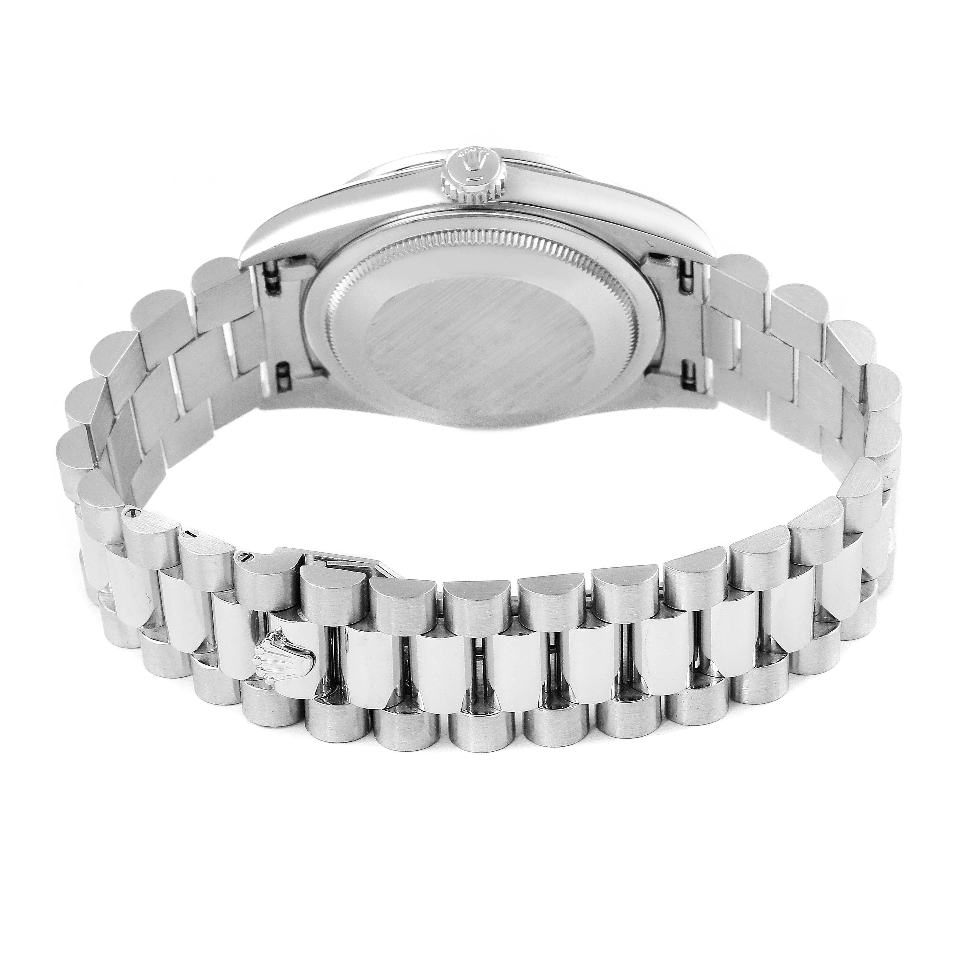 The image shows the back case and bracelet of a Rolex President 18346 Men's Platinum Silver Dial 18346 Men's Platinum Silver Dial model watch.