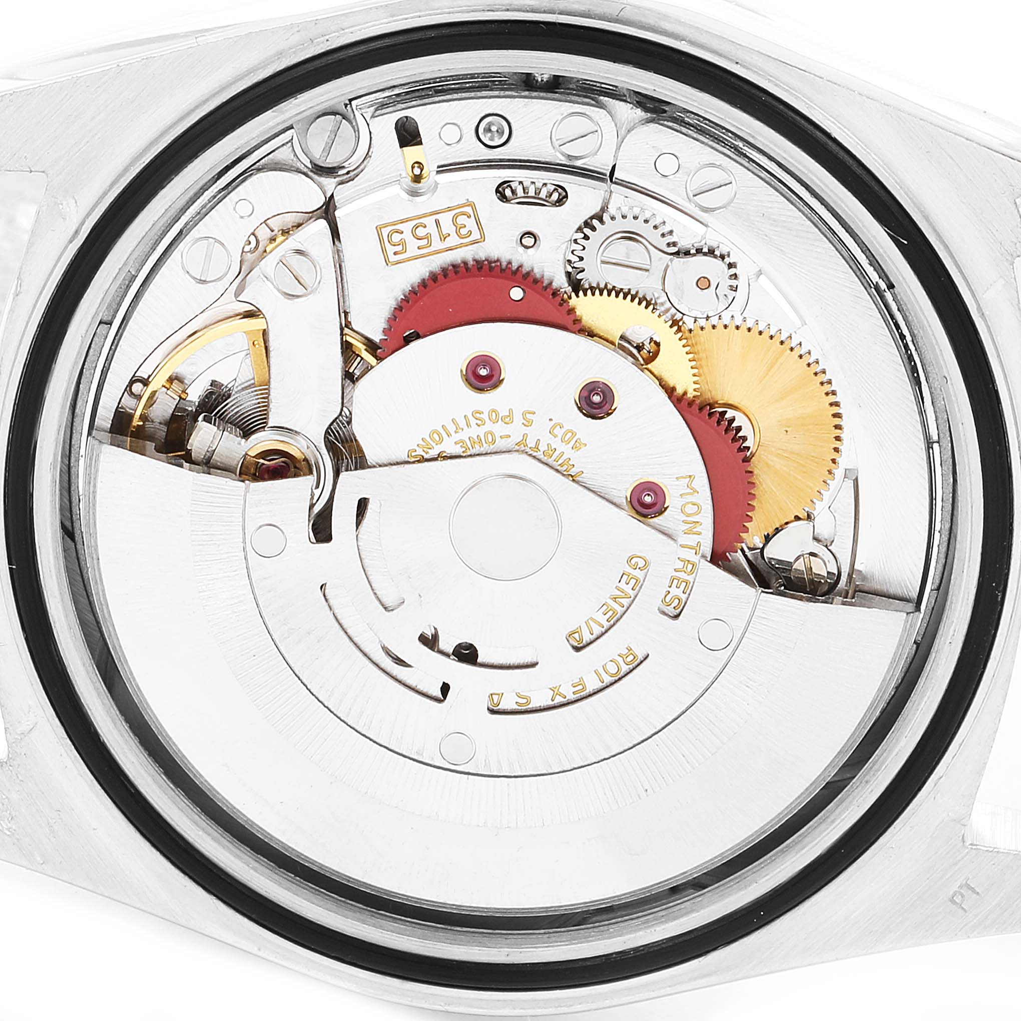 The image shows an inner mechanism view of the Rolex President 18346 Men's Platinum Silver Dial 18346 Men's Platinum Silver Dial model watch, displaying gears and intricate components.