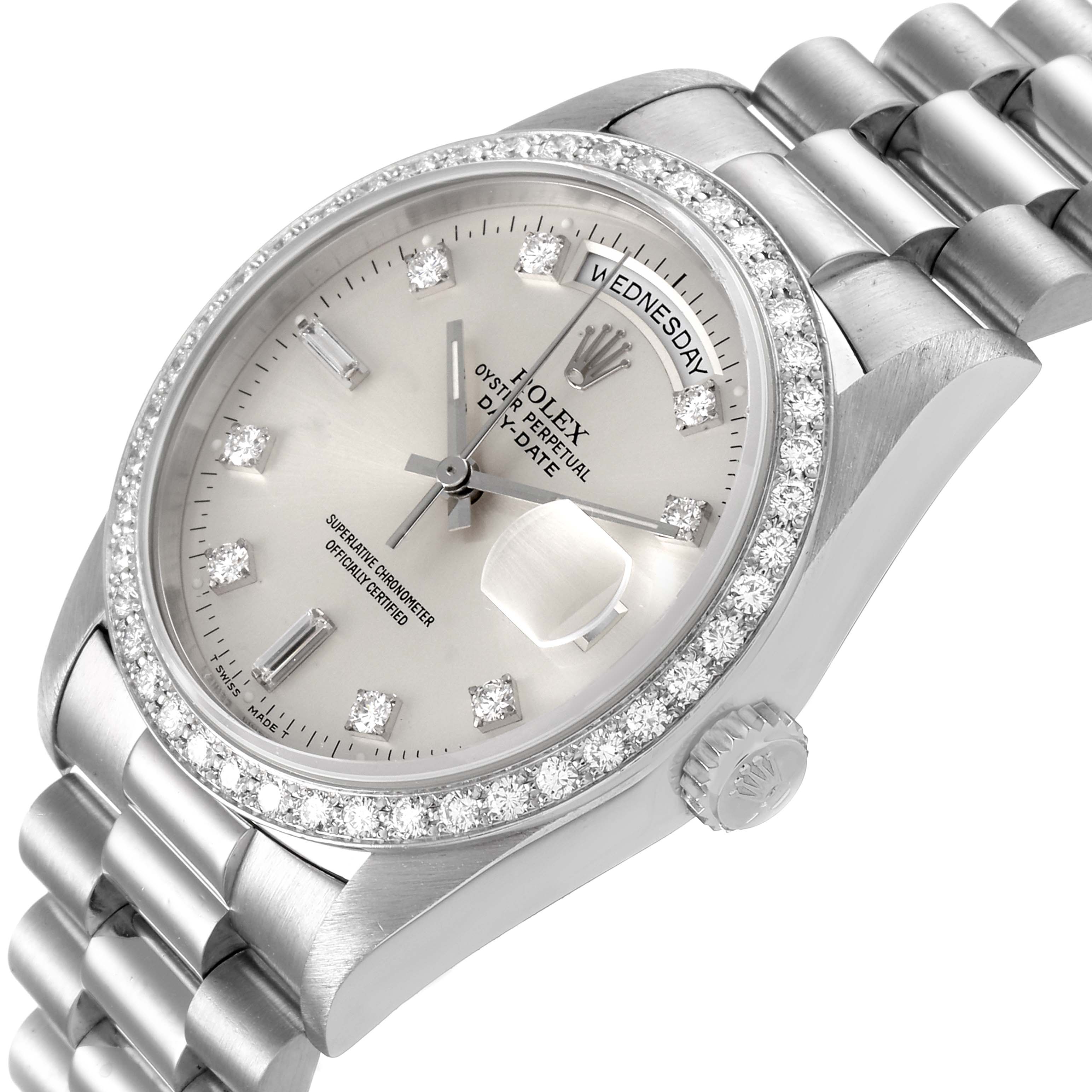 The image shows a close-up angle of the Rolex President 18346 Men's Platinum Silver Dial 18346 Men's Platinum Silver Dial model watch, highlighting its bracelet, dial, bezel, and crown.