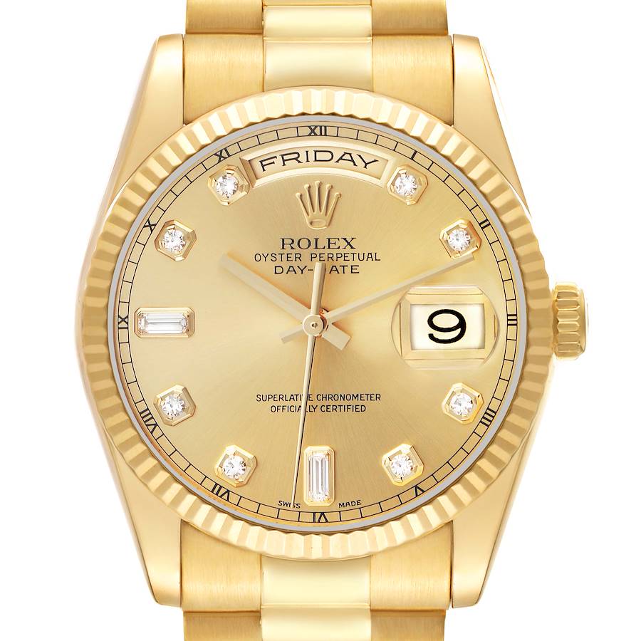 The Rolex President model is shown from the front, displaying the dial, crown, and part of the bracelet.