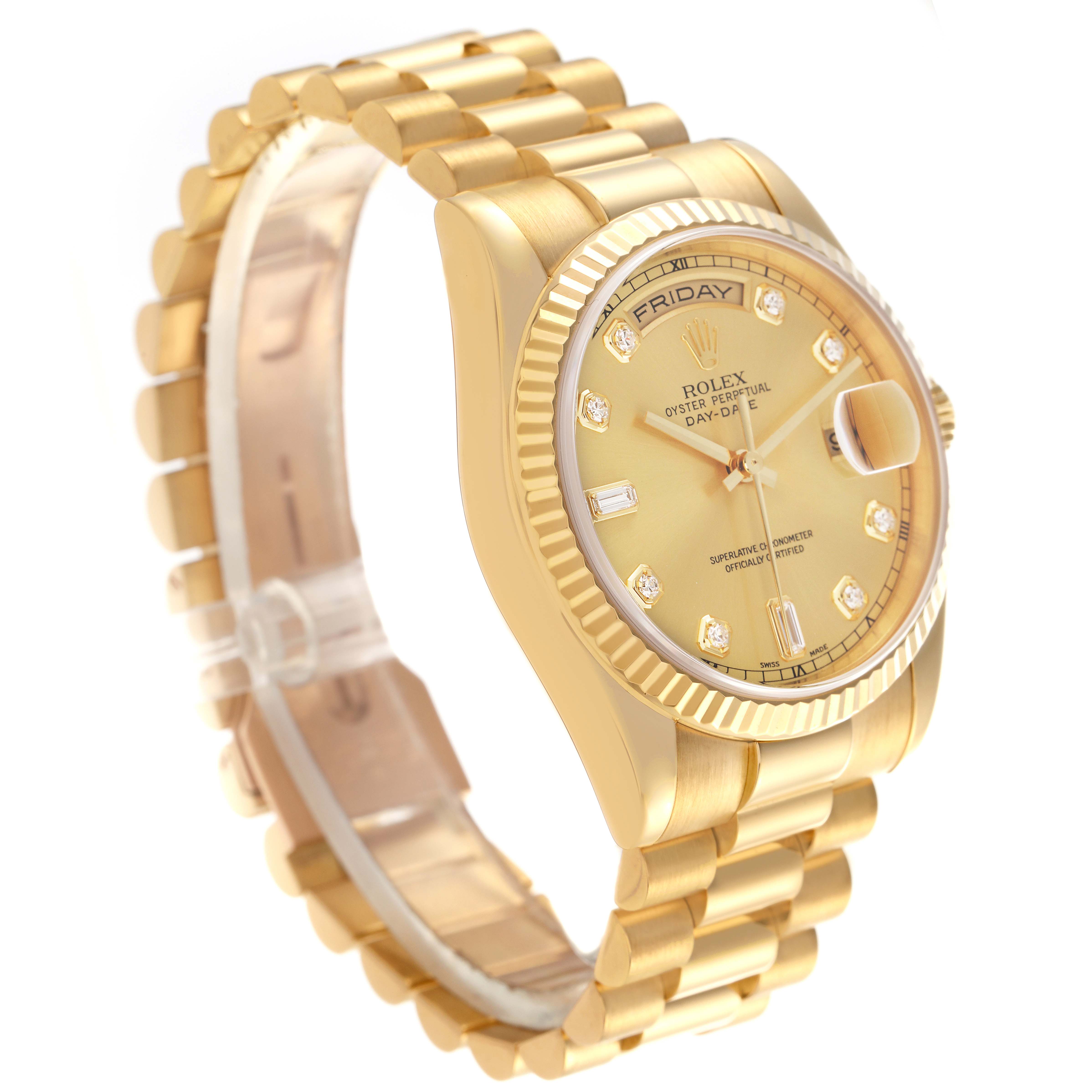 The Rolex President 118238 Men's Yellow Gold Champagne Dial 118238 Men's Yellow Gold Champagne Dial model is shown at a front-left angle, displaying the bracelet, face, bezel, and crown.
